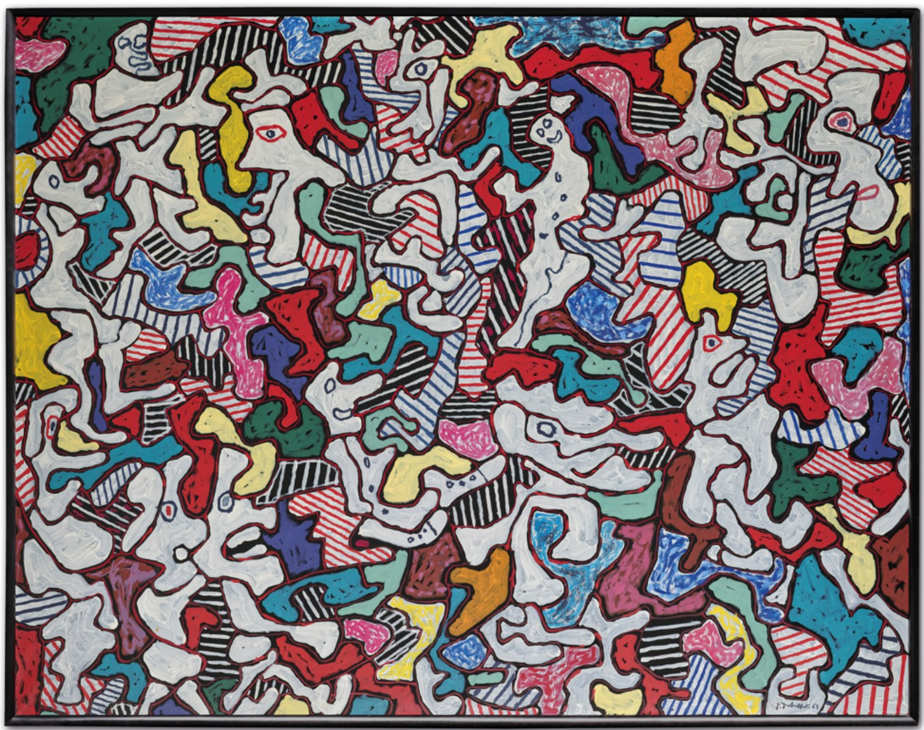 A vibrant, densely packed composition of interlocking abstract shapes in various colours including blue, red, yellow, and green against a white background. The forms create a puzzle-like pattern with a playful, energetic quality.