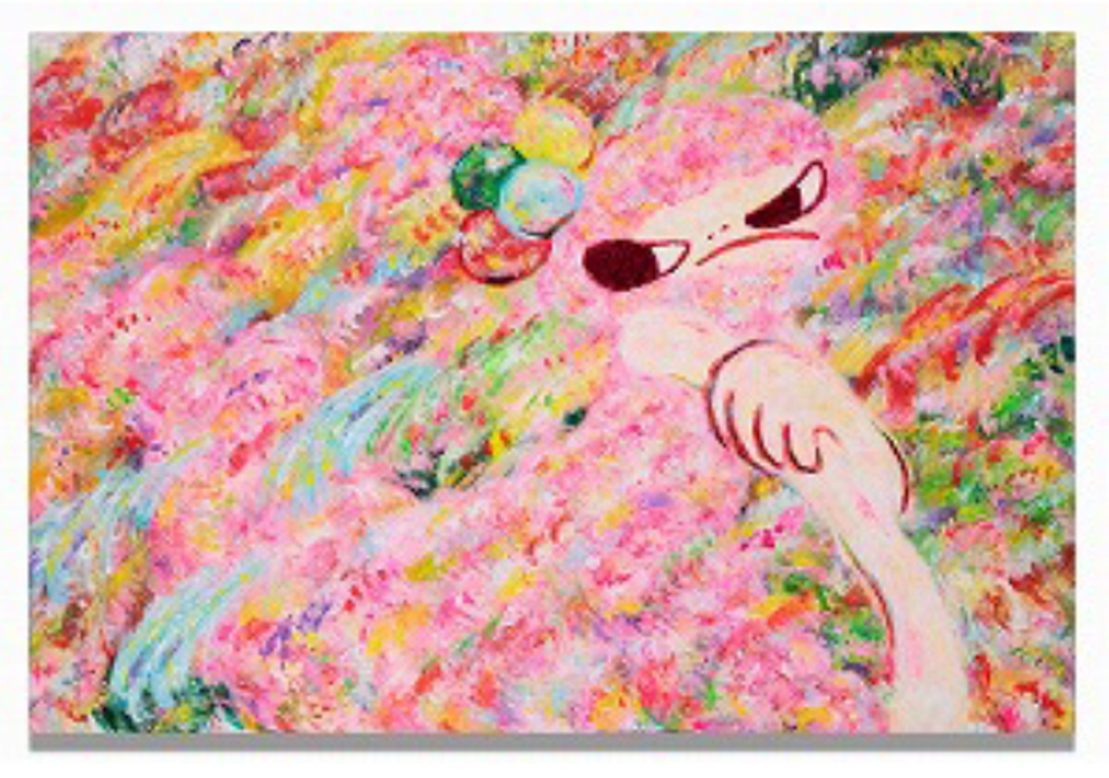 A vibrant abstract painting with swirls of pink, yellow, and red hues with a pink-haired anime-style female figure striding across the centre. She has an angry expression on her face.