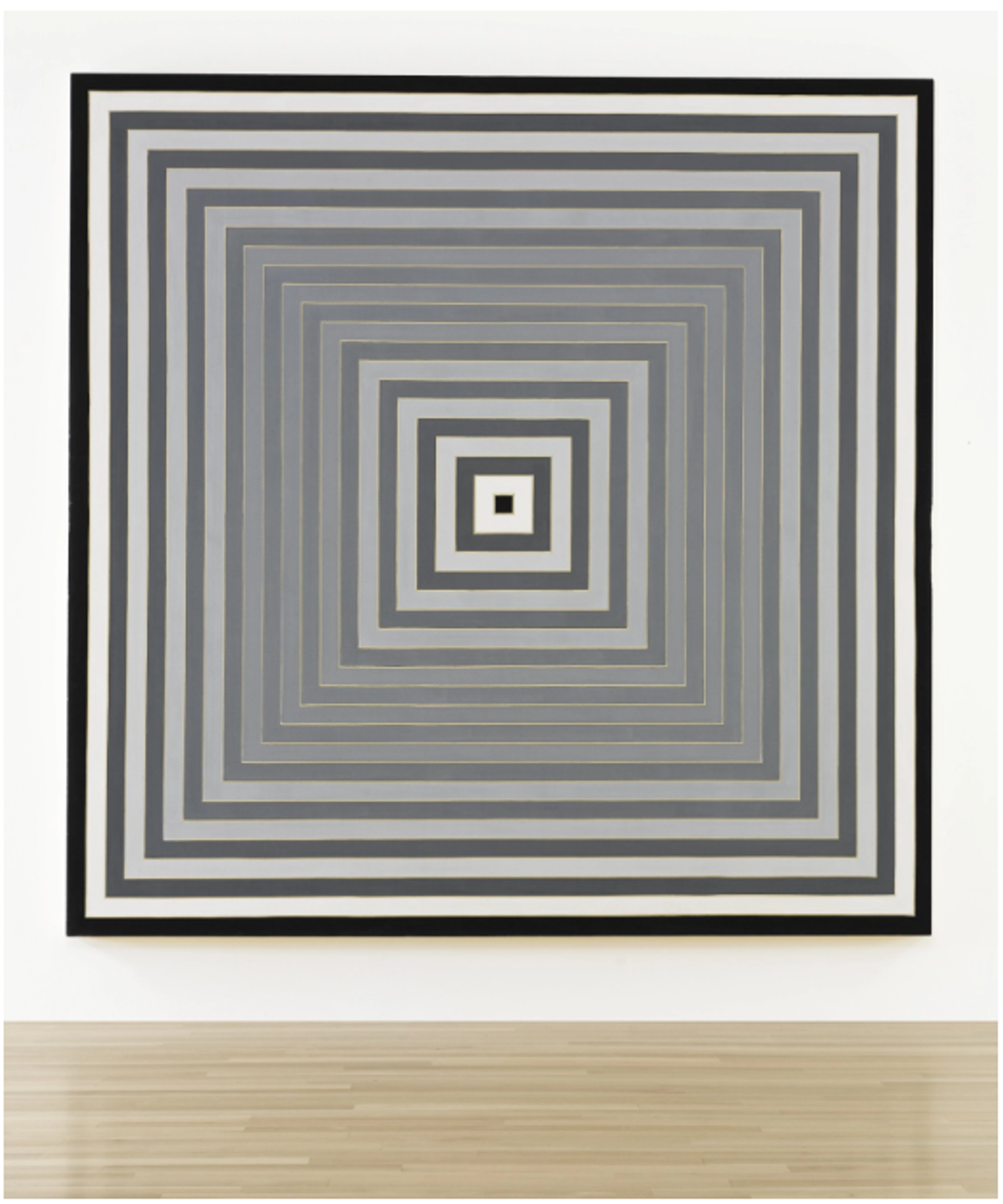 A grey square painting with thick concentric geometric lines getting smaller towards the centre. The squares follow alternating gradients, with one getting darker towards the centre and the other getting lighter. The design creates an illusion of falling into a vortex-like space.