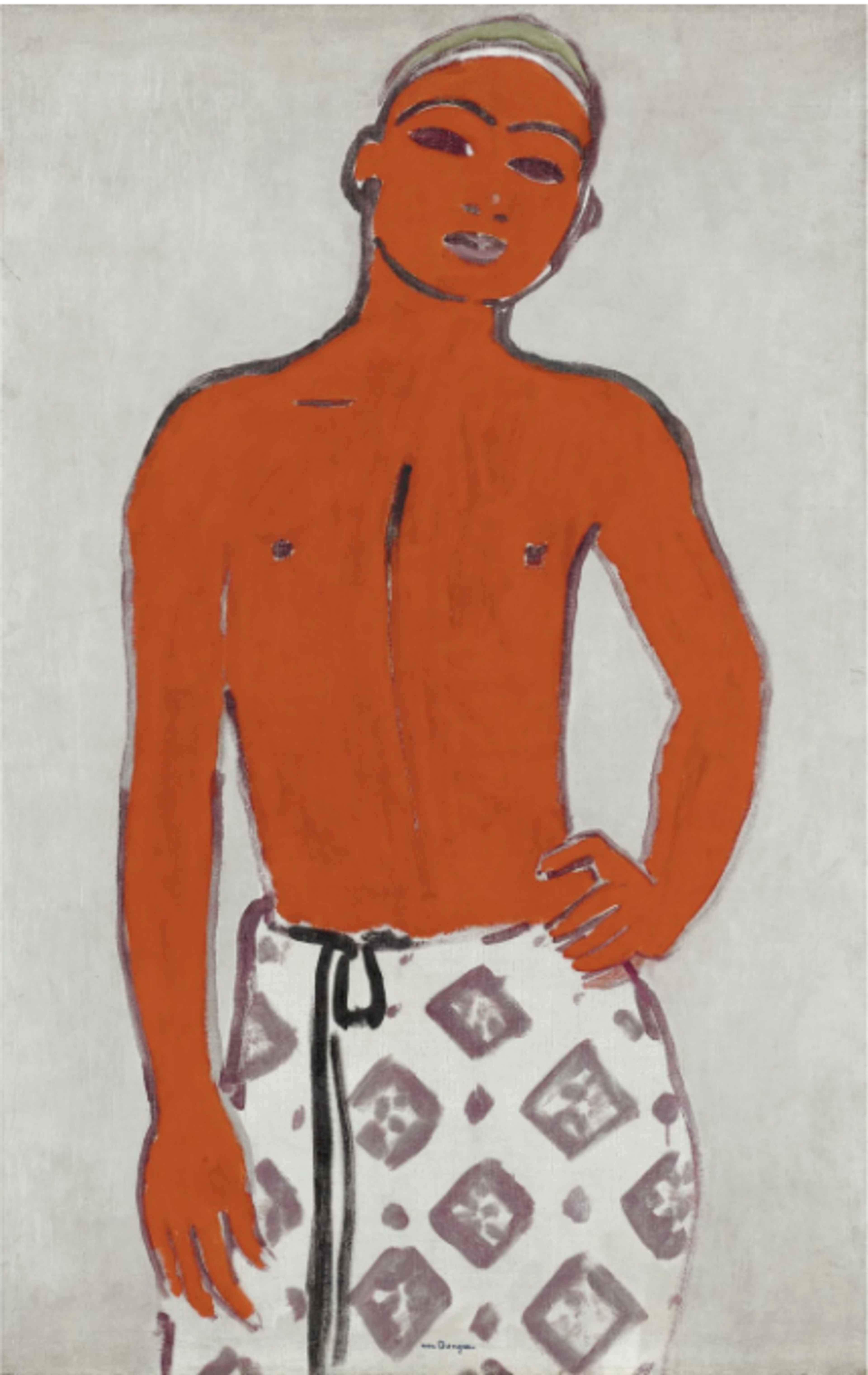 A standing young male figure with bright red-orange skin and black hair wearing white patterned trousers. The figure is portrayed against a plain neutral background with a minimalist composition and bold outlines.