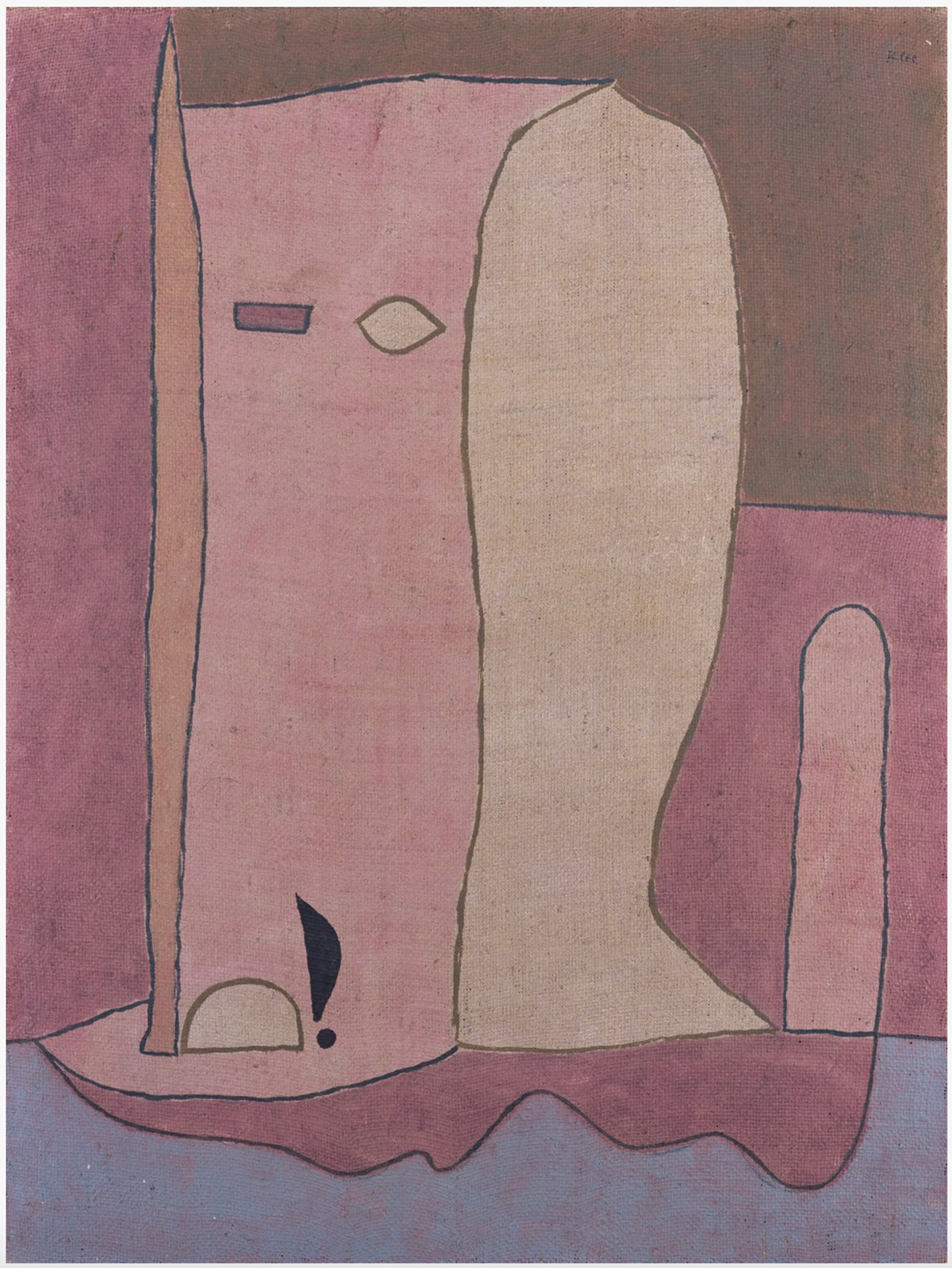 An abstract painting with two primary biomorphic shapes in pink and beige, forming a stylised, ambiguous figure that blends into a simplified landscape denoted by a wavy blue shape at the bottom; the style is organic and minimalist.