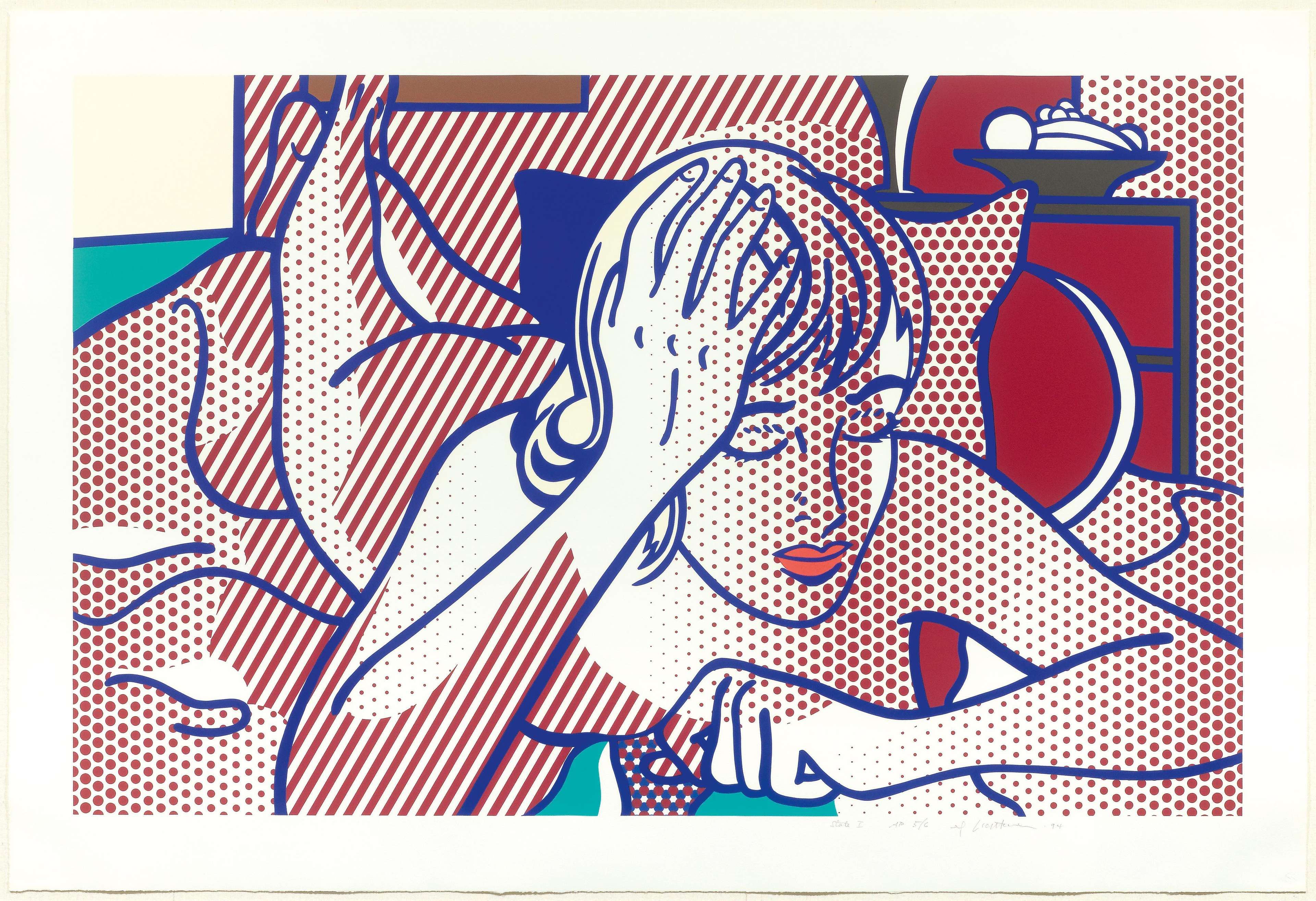 A screenprint by Roy Lichtenstein, titled “Thinking Nude State I”, depicting a reclining nude woman with her head resting on one hand in a stylised interior. The artwork features bold blue outlines, red Ben-Day dots, diagonal stripes, and blocks of turquoise and red. Executed in Lichtenstein’s Pop Art style, with the print signed in the lower right corner.