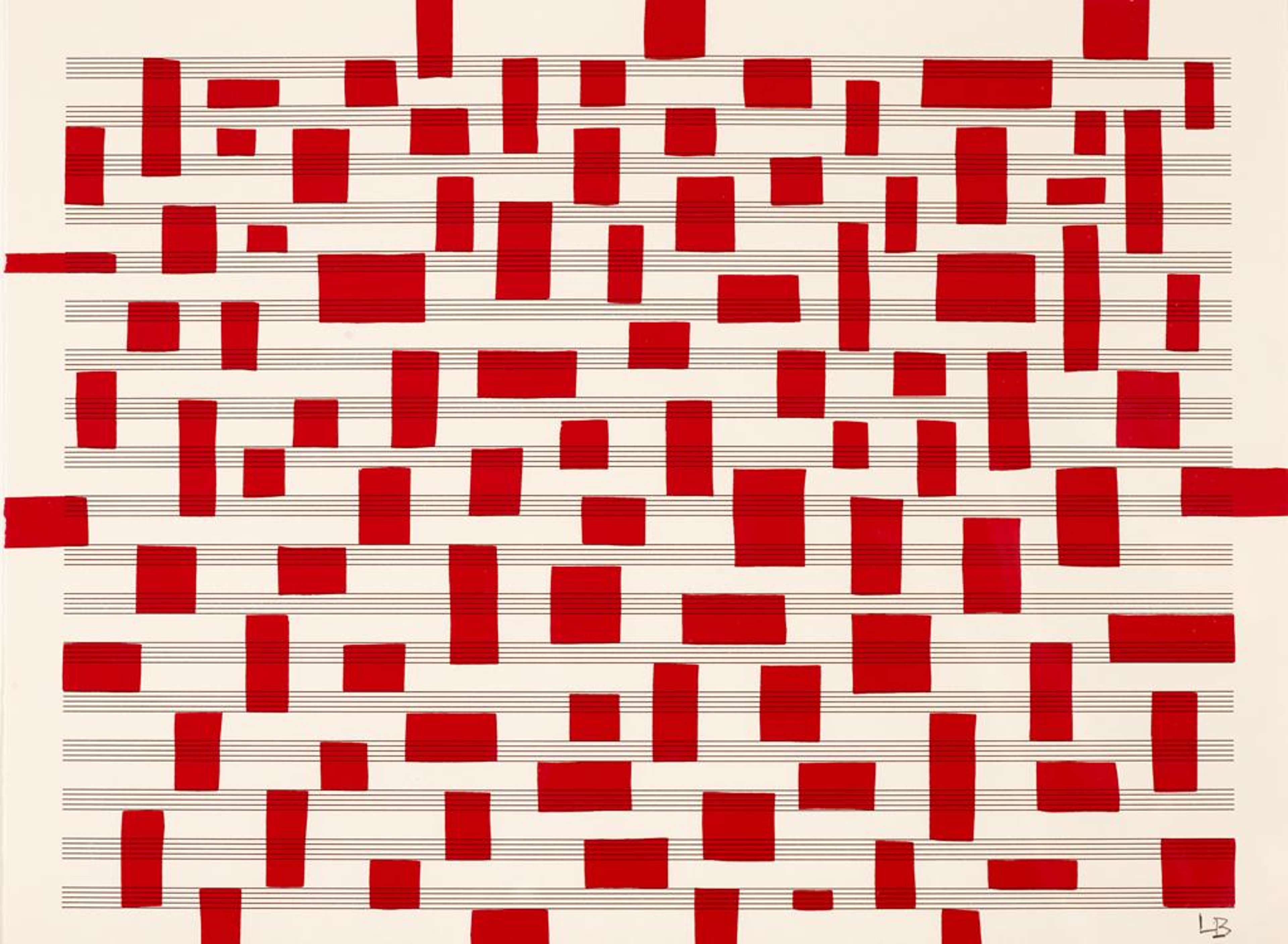 De nombreuses formes oblongues rouges de tailles variées sur un fond pâle et rayé