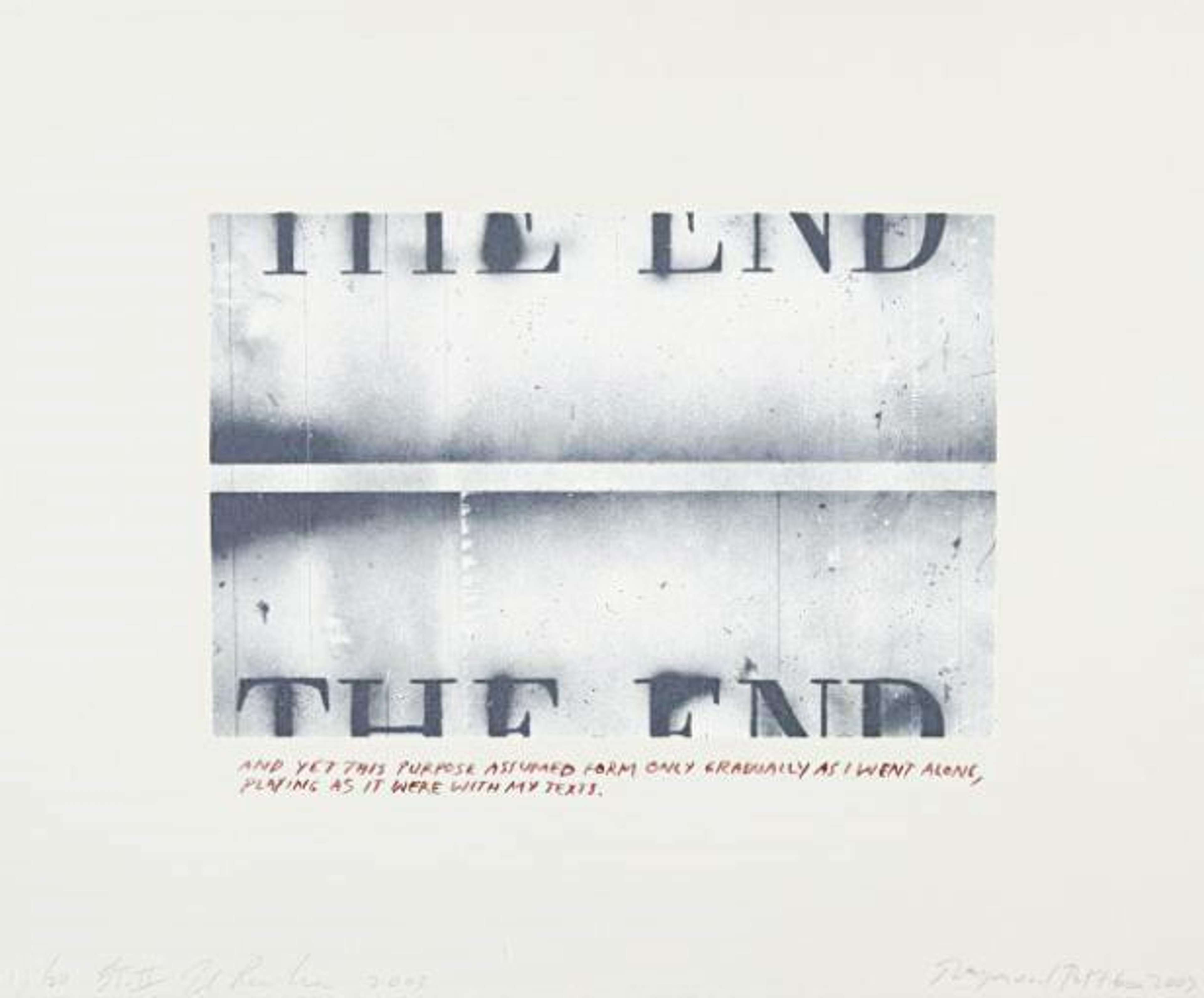 Cette estampe présente les mots « The End », divisés en deux en haut et en bas de la composition. La palette de couleurs est monochrome.
