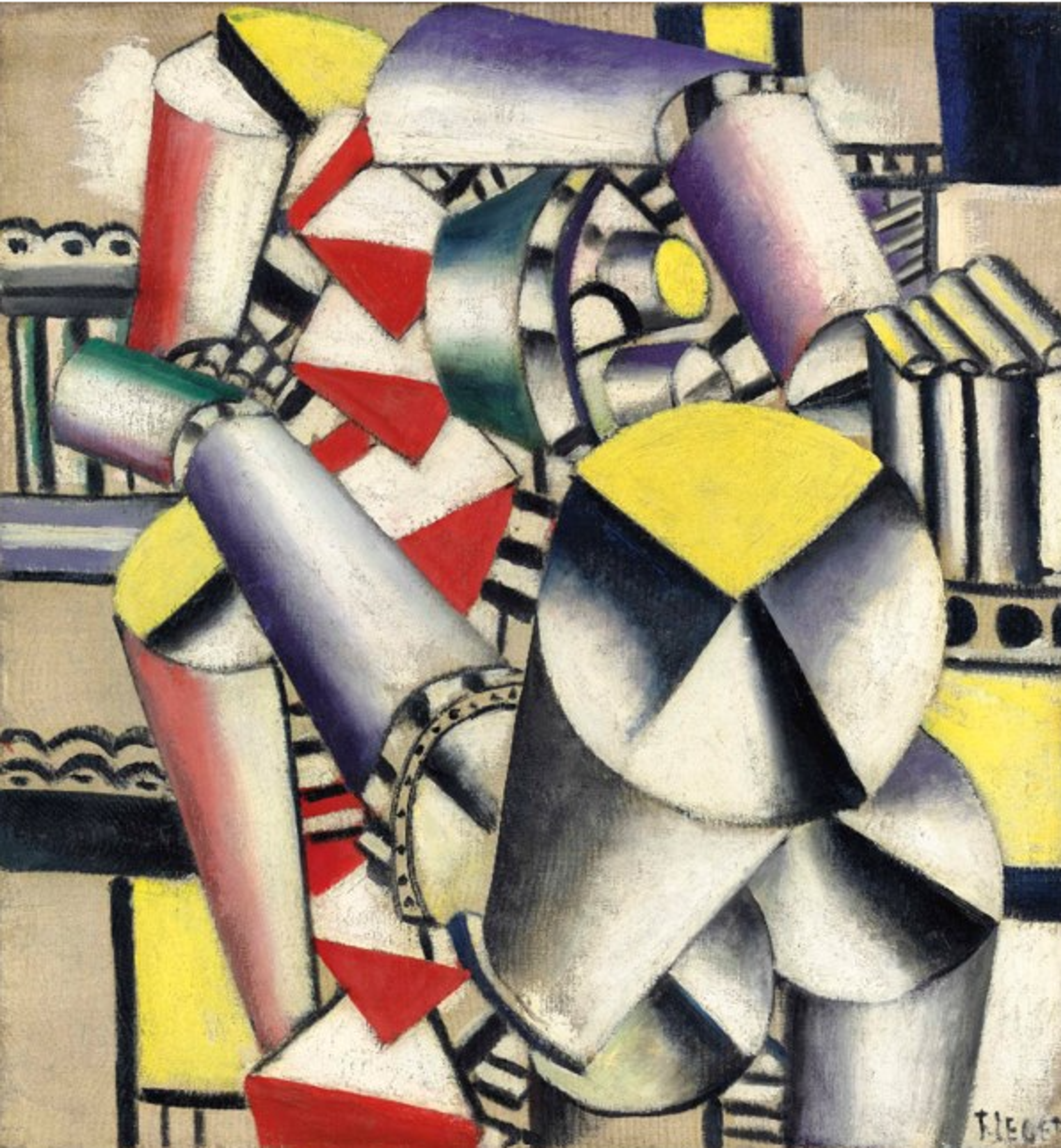 A Cubist painting featuring geometric forms in yellow, red, purple, and grey. Cylindrical shapes dominate the composition, arranged in a seemingly organic pattern. Background elements include horizontal bands and architectural references, creating depth through overlapping planes.