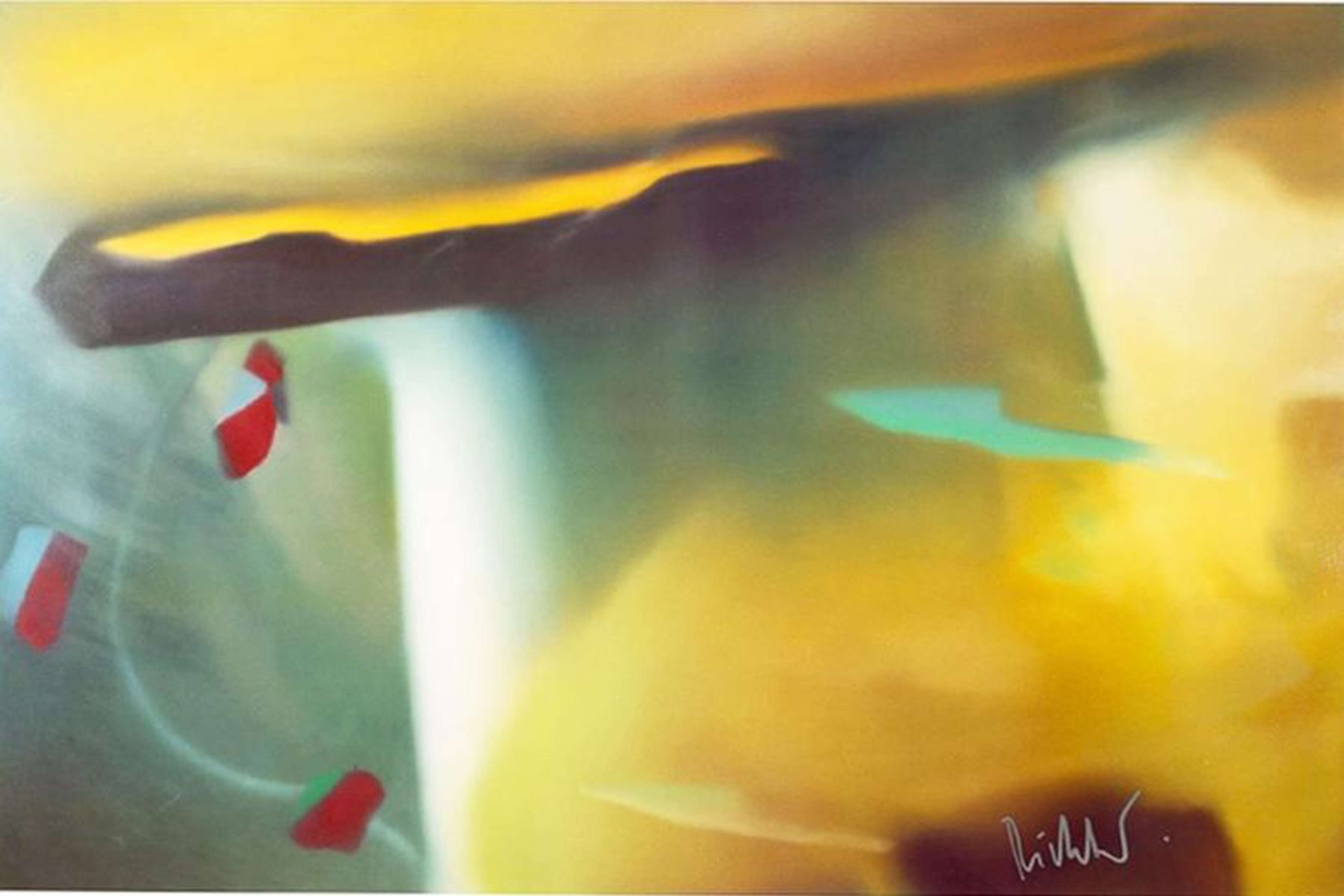 Estampe en lithographie offset abstraite de Gerhard Richter, dans des teintes de jaune et de vert.