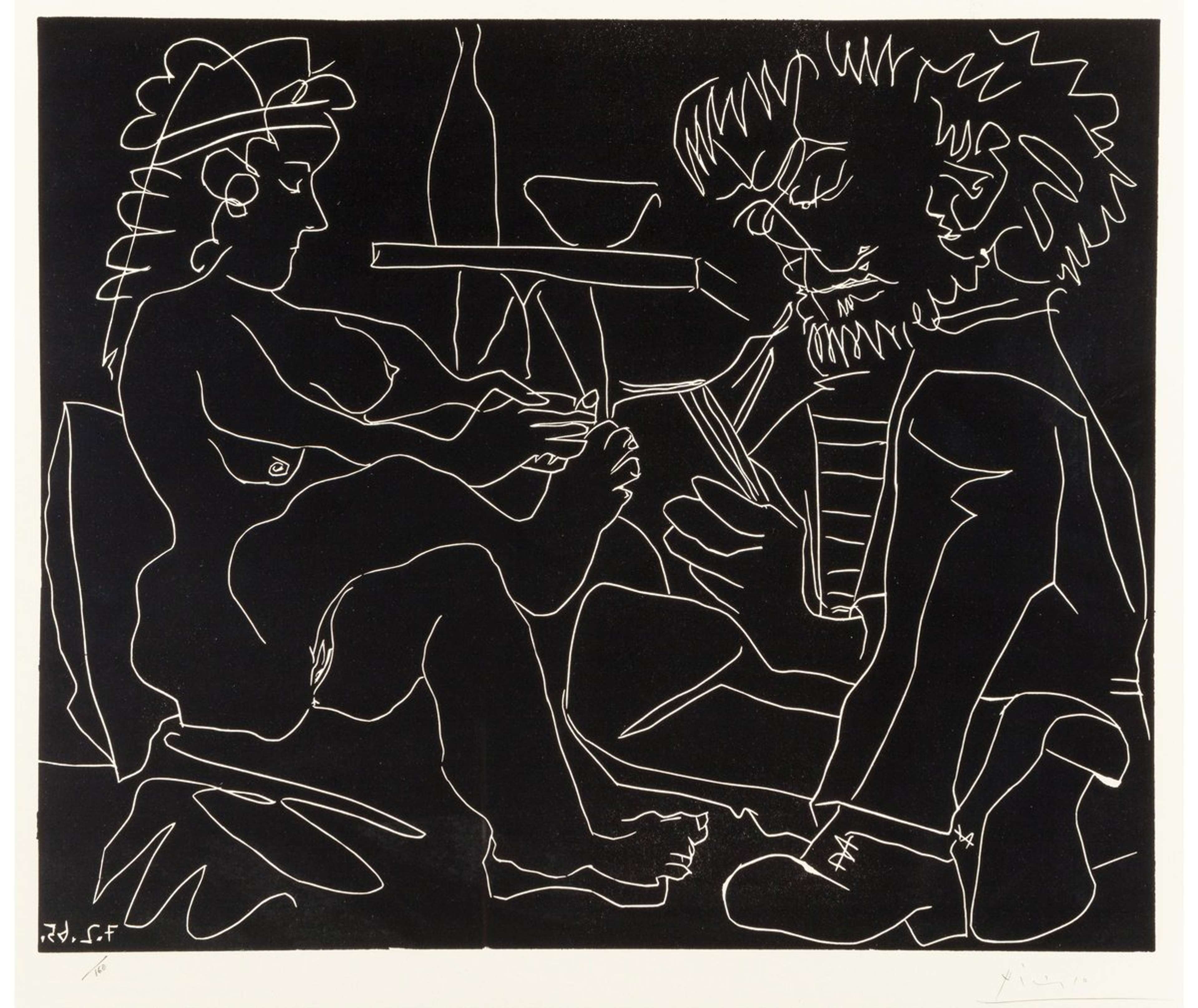 Une image de l'estampe « Le Peintre Et Son Modèle » de Pablo Picasso. Il s'agit d'un dessin au trait blanc sur fond noir, représentant une femme nue assise face à un homme qui dessine.