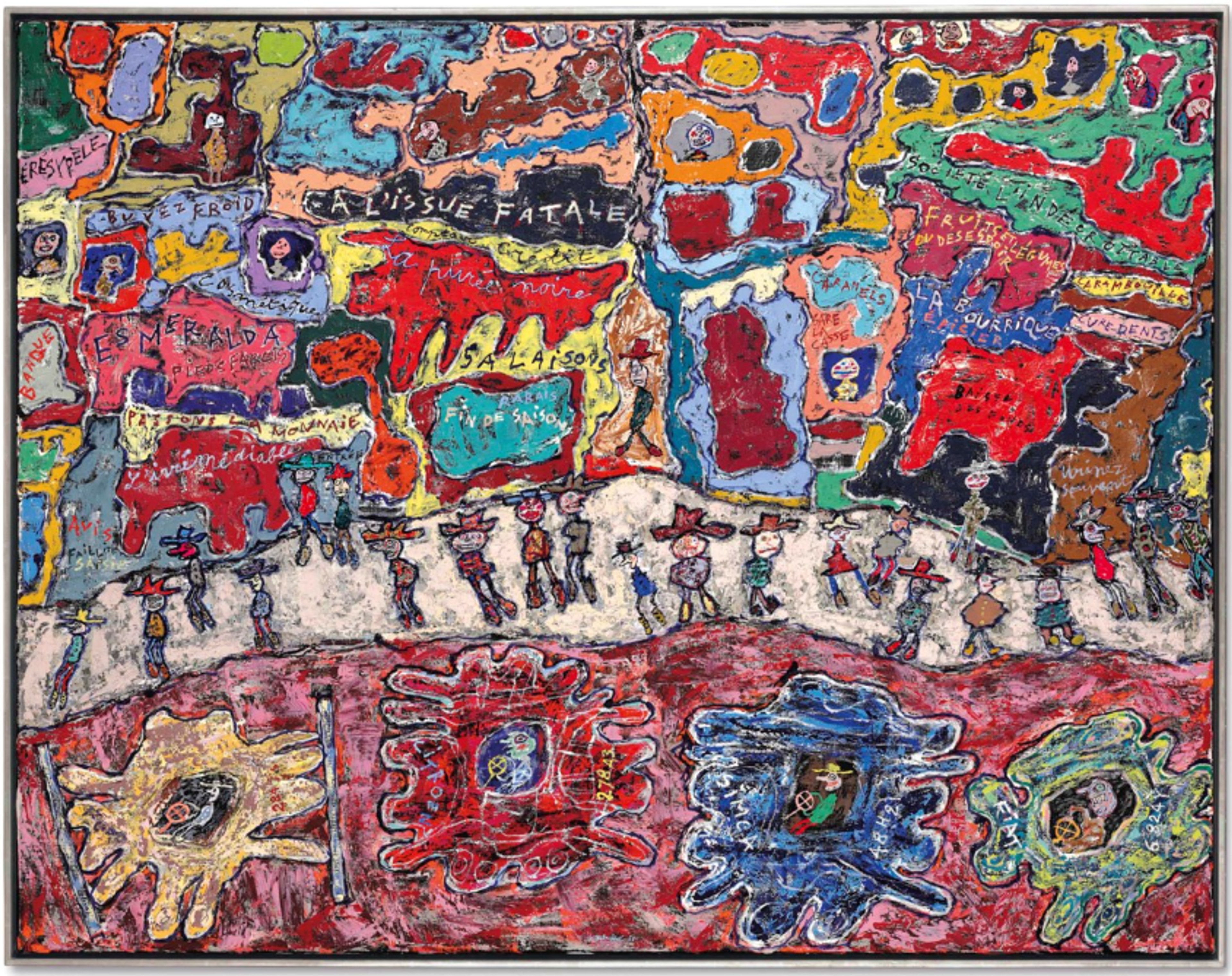 A richly coloured, mosaic-like composition with bright reds, blues, and greens arranged in irregular sections, some labelled with the names of places or shops. Across the lower half runs a light pink strip of pathway, populated with a crowd of flat, cartoon-like figures. Four colourful vehicles, each with a driver, pass beneath the pathway.