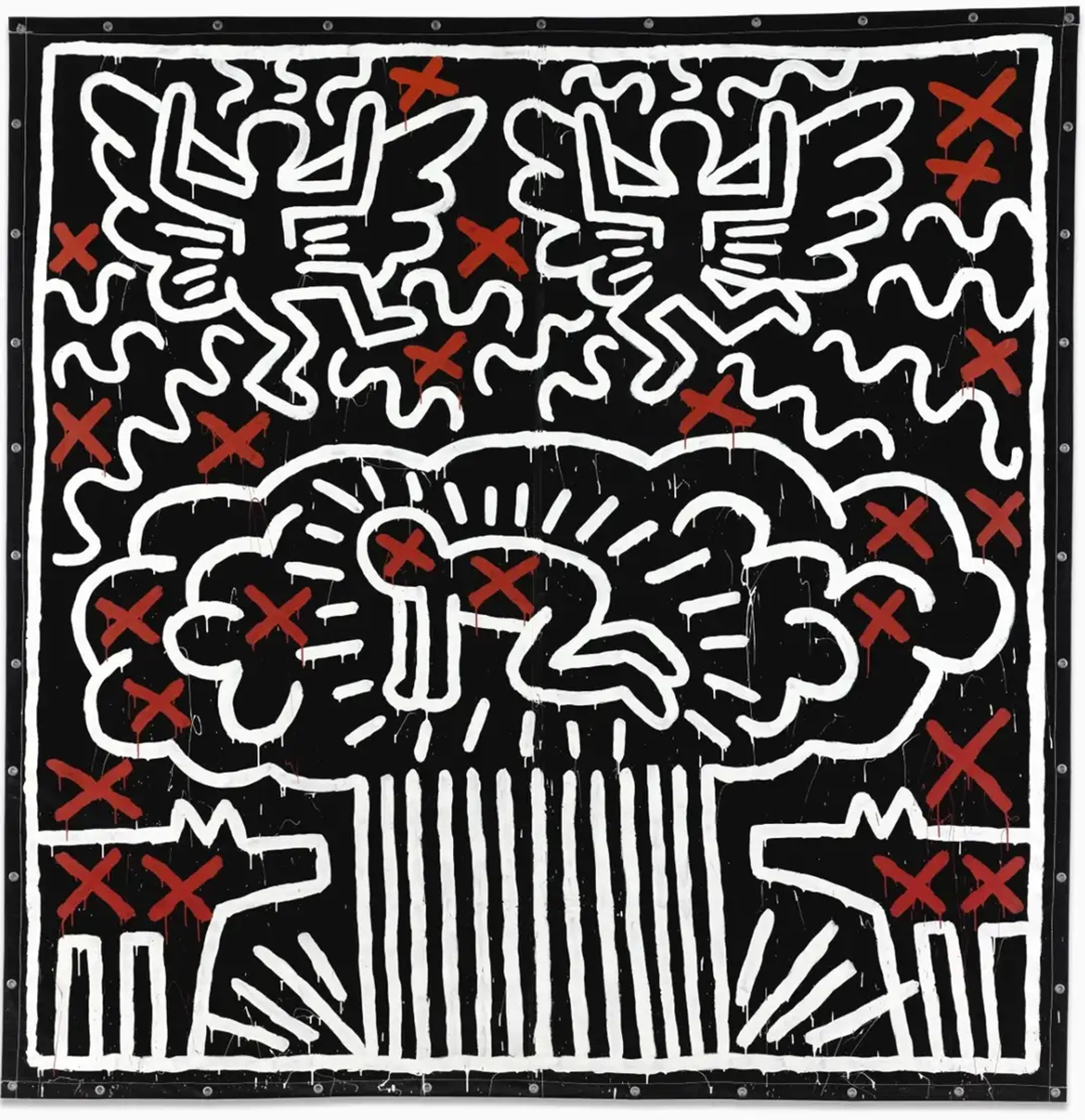 « Untitled » de Keith Haring. Une peinture Pop Art représentant des personnages aux contours blancs barrés de « X » rouges sur fond noir.