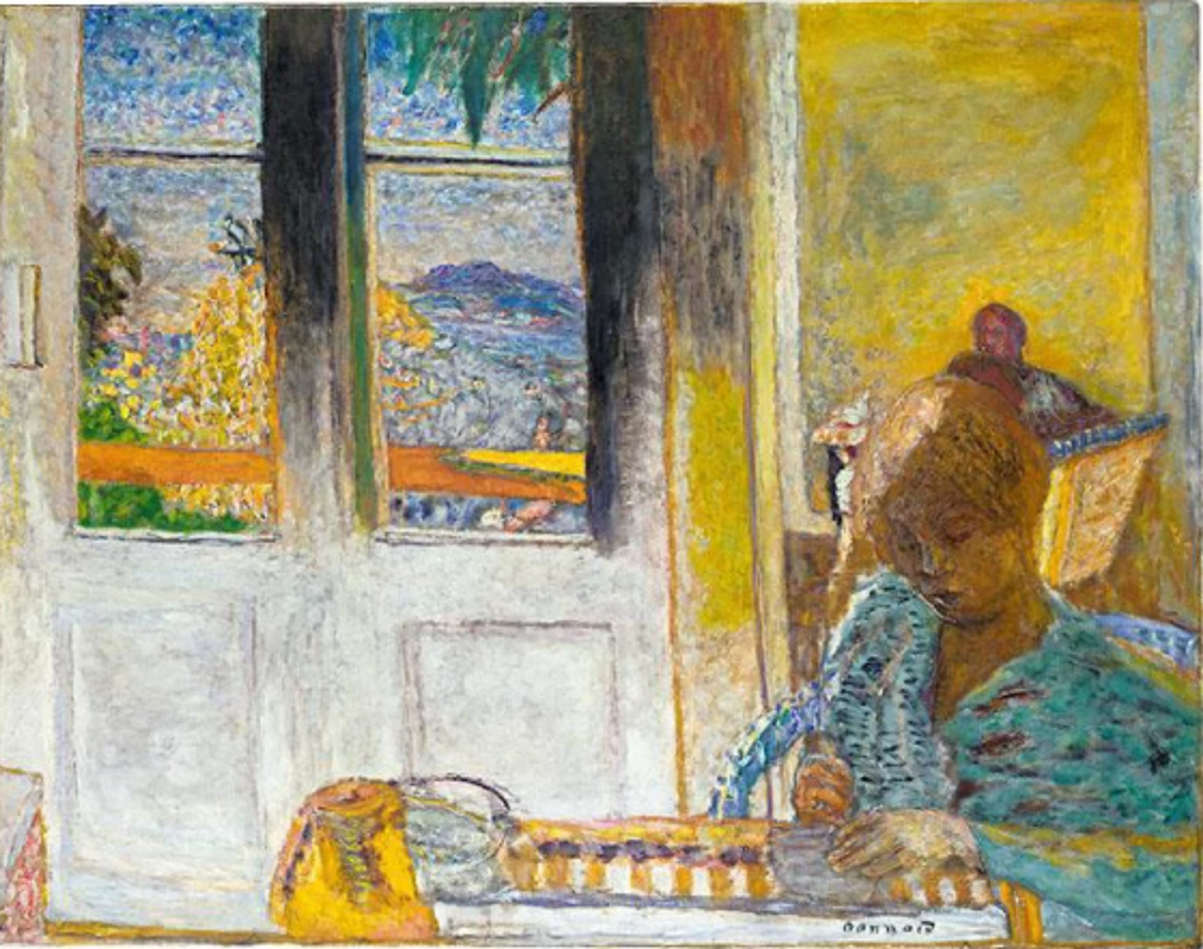 A bright interior with a French window. Golden light streams in, illuminating a figure writing at a table. Another figure appears to be sitting in shadow behind her. Beyond the window is a coastal scene.