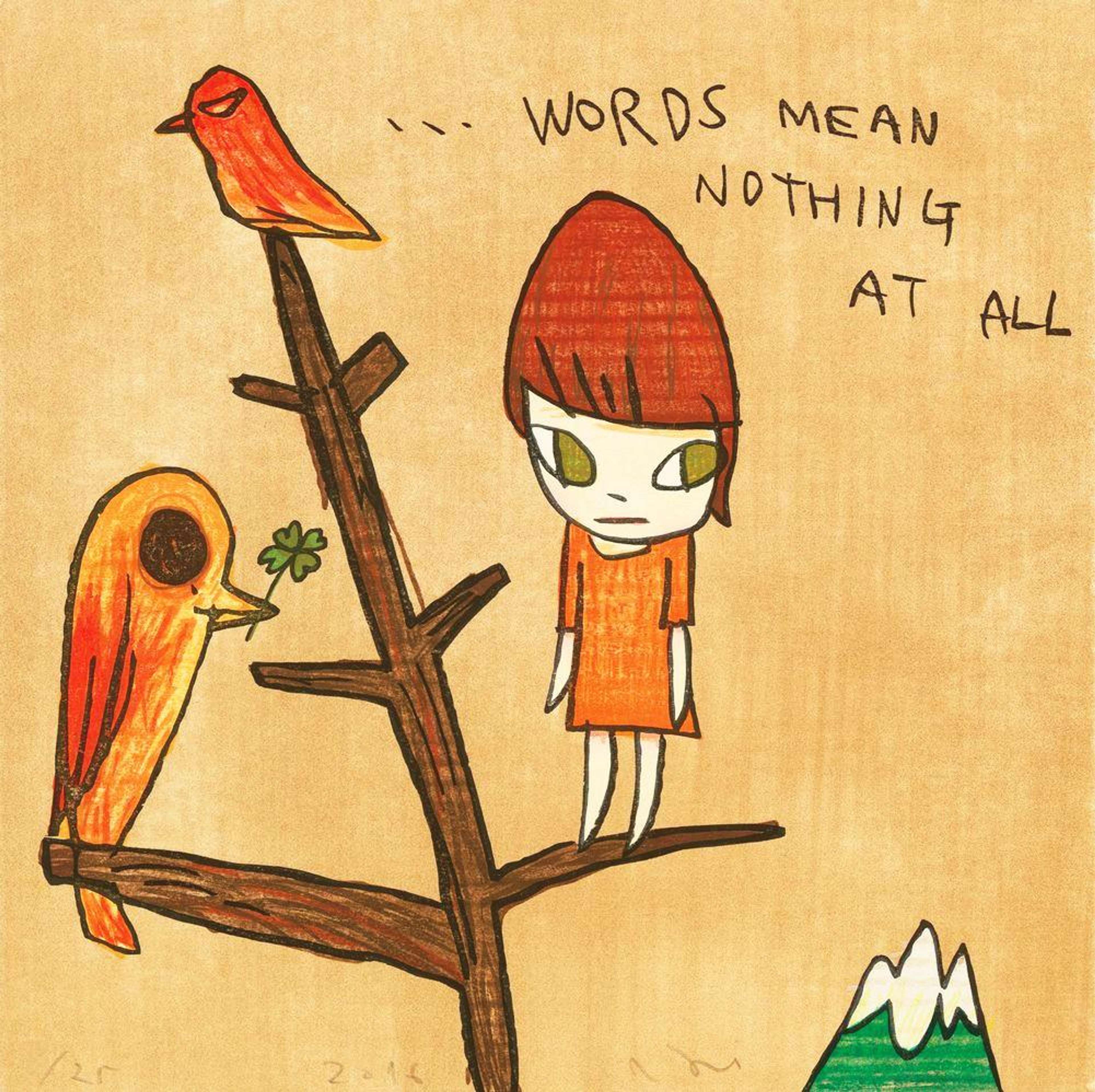 Les mots de Yoshitomo Nara ne veulent absolument rien dire : Fille debout sur une branche d'arbre avec deux oiseaux