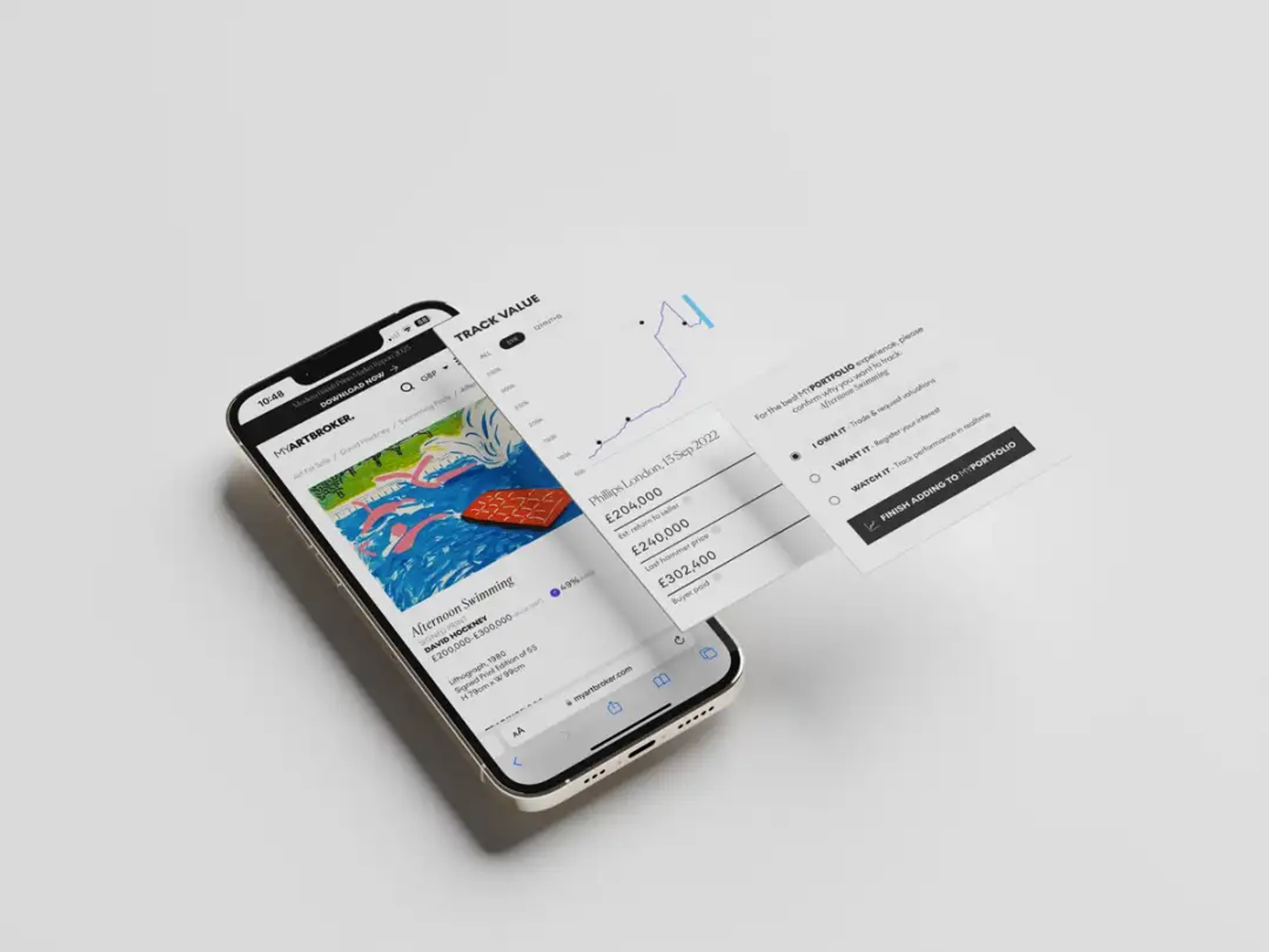 Rendu numérique d'un téléphone mobile affichant les plateformes MyArtBroker et MyPortfolio.