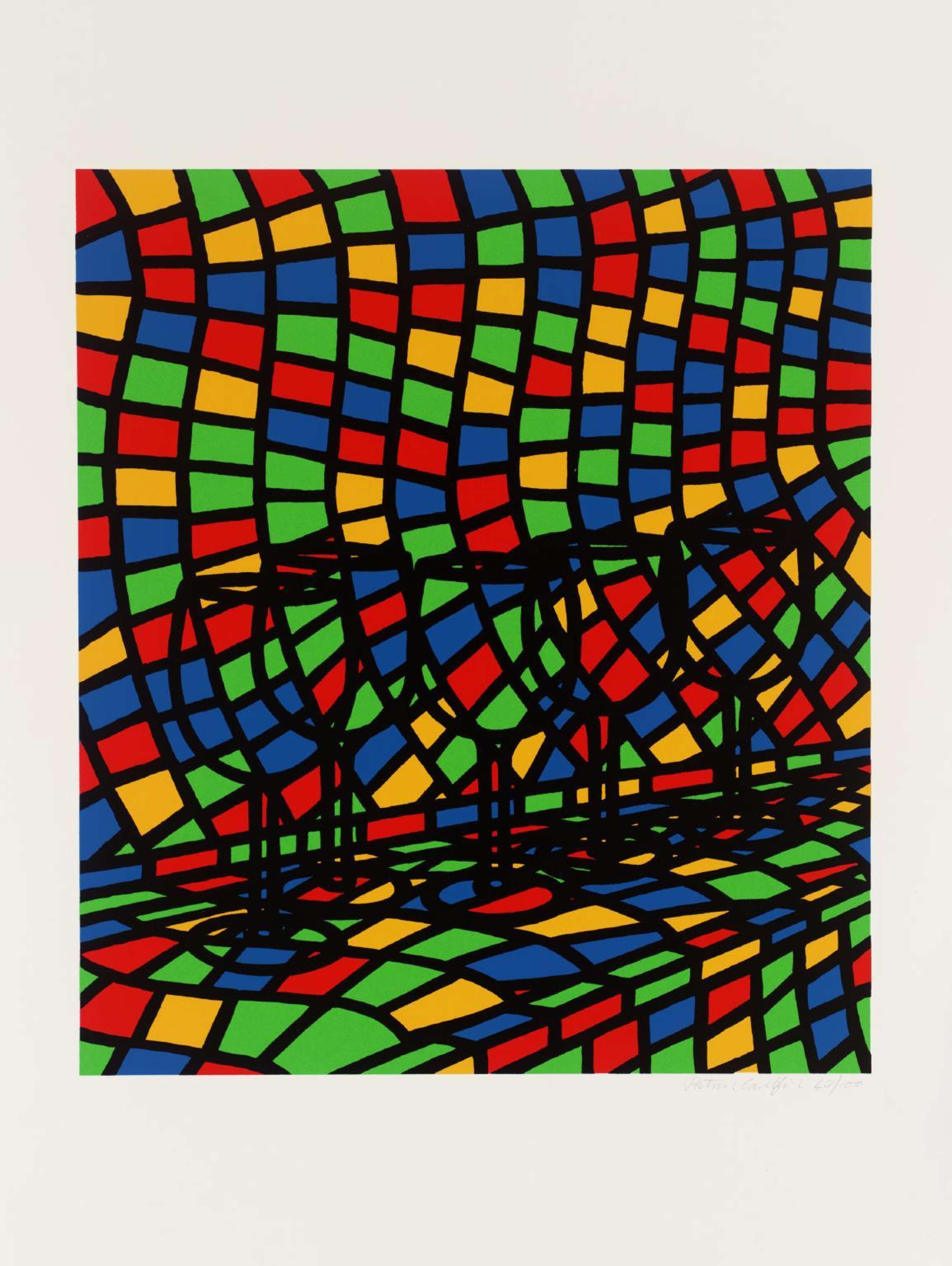 Une image de l'estampe « All These Confessions… » de l'artiste Patrick Caulfield. Elle représente le contour de cinq verres à vin, transparents sur un fond composé de carrés colorés.