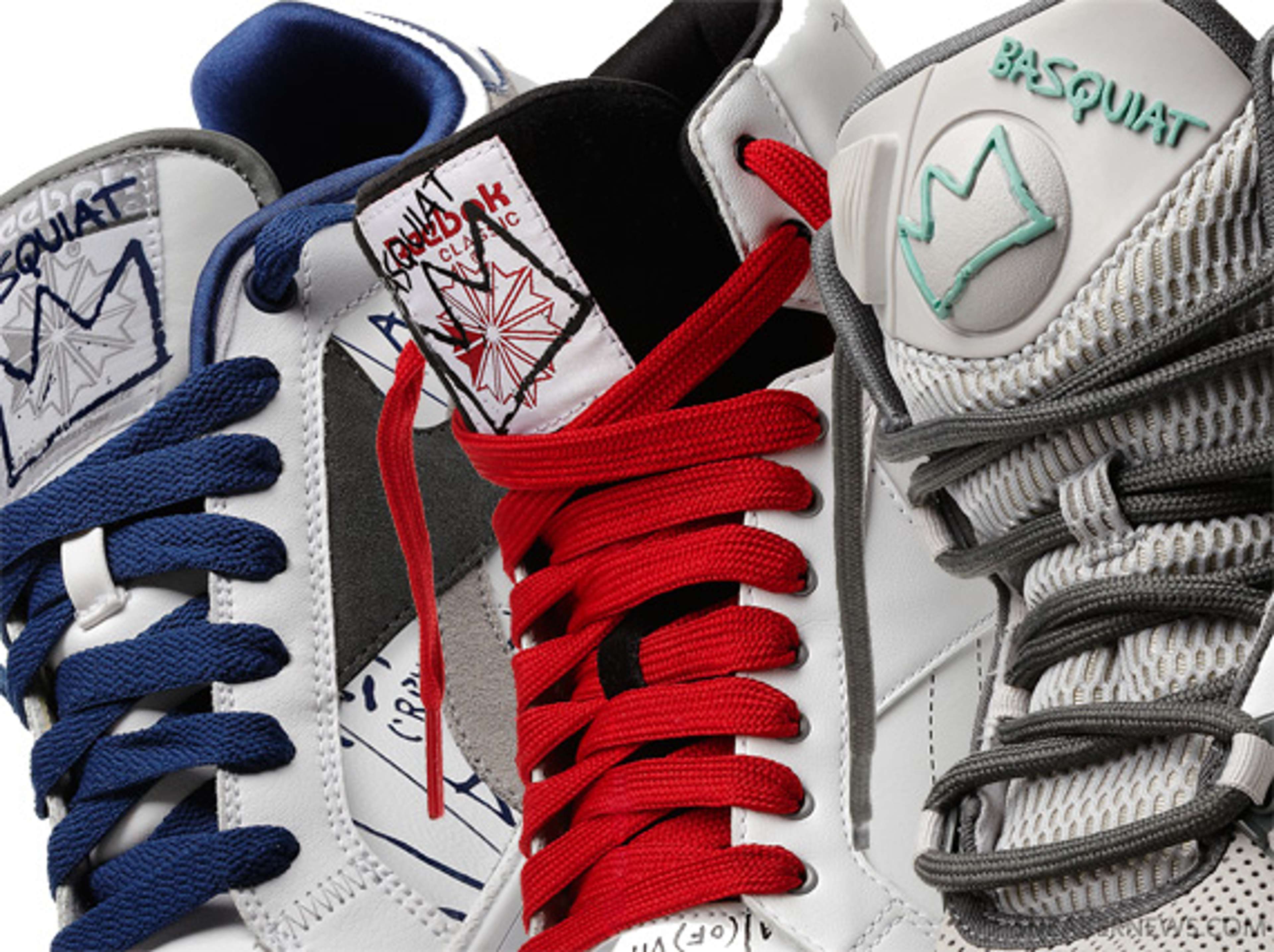 Une image de trois modèles de baskets issus de la collaboration entre Reebok et Basquiat.