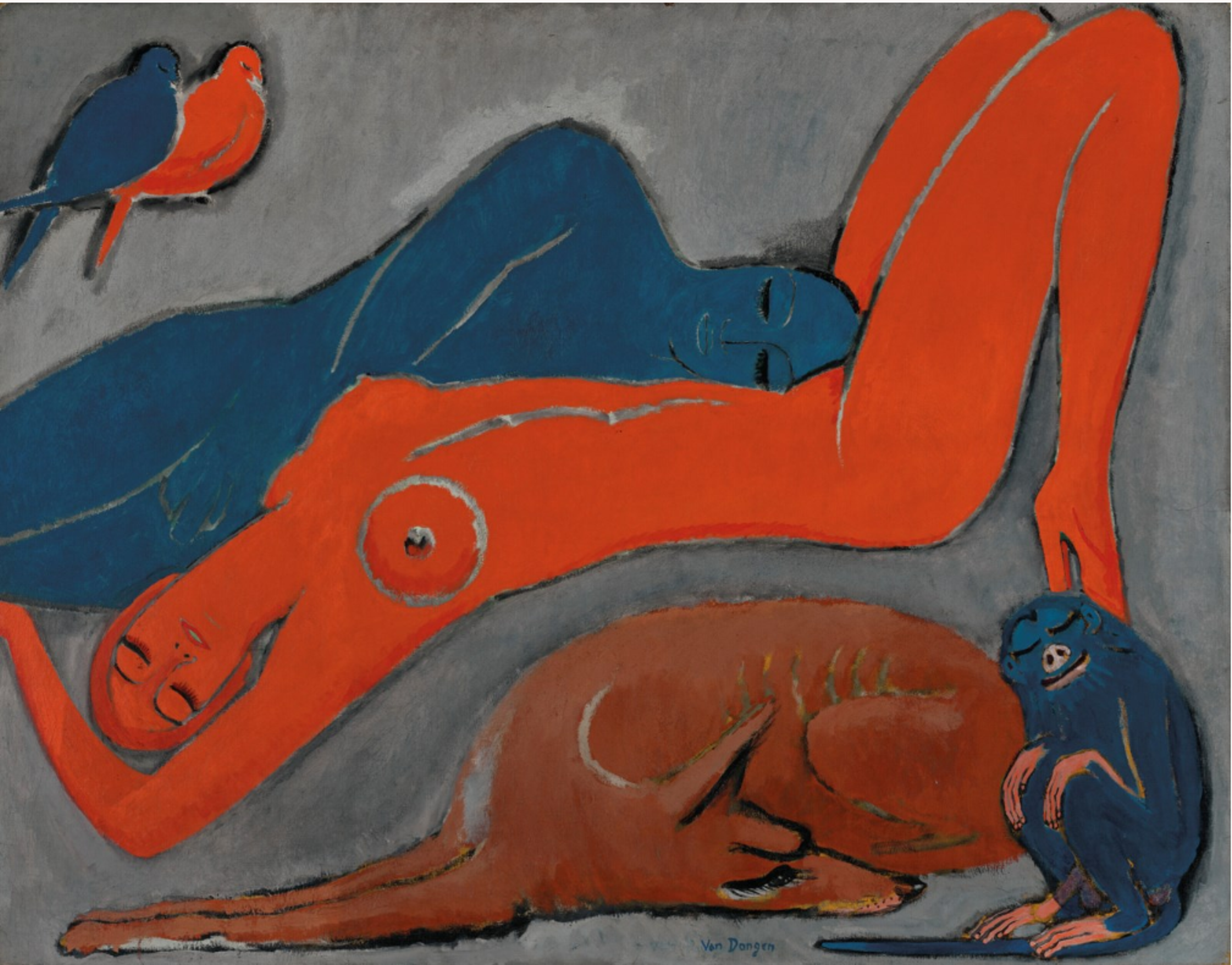 A striking composition with two nude reclining figures - one orange and one blue - positioned in opposite directions. A red and a blue bird sit together in the top left corner, while a brown dog and a blue monkey sit in the bottom right. All forms are simplified and two-dimensional. The background is a textured grey.