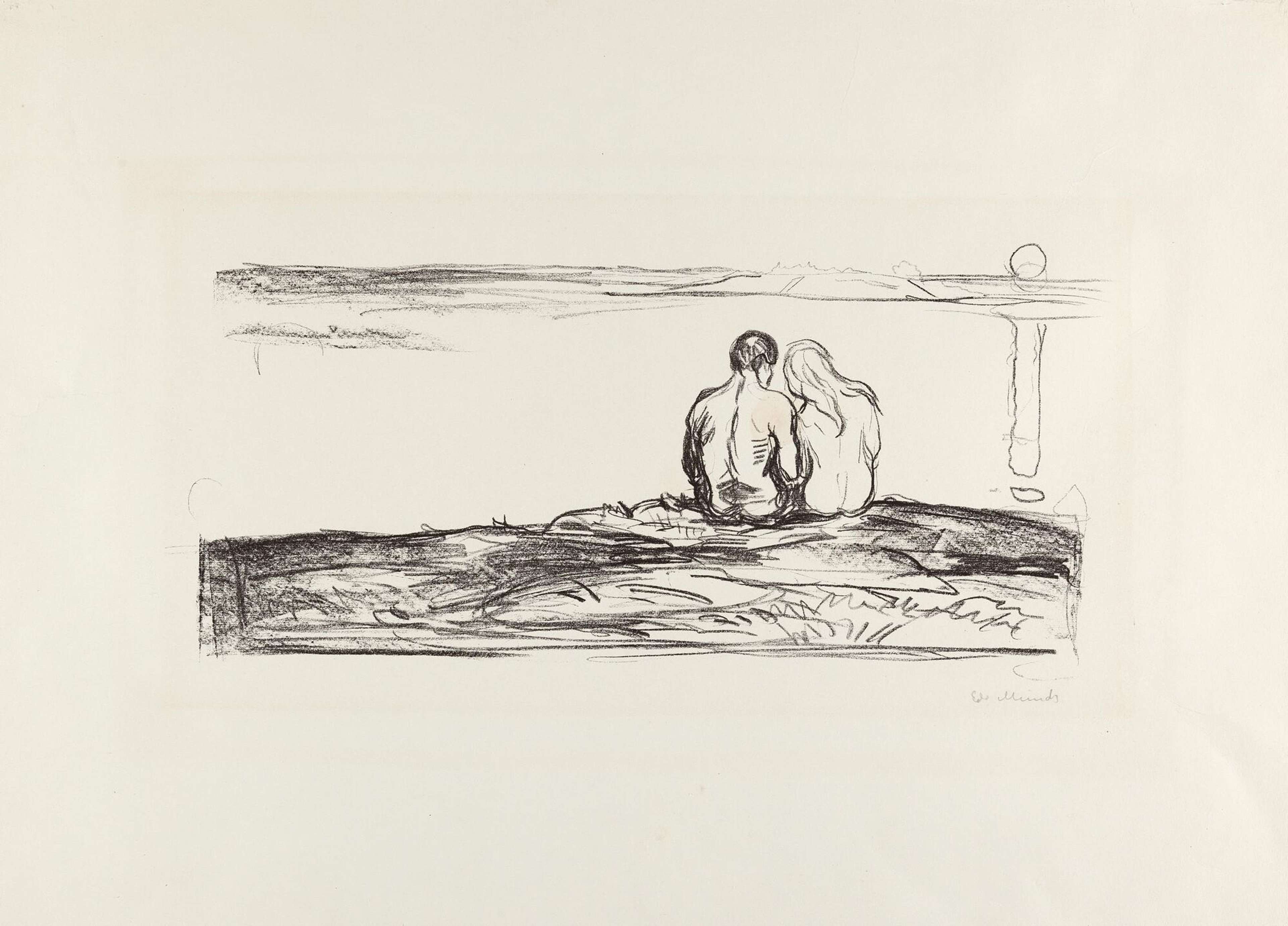 Une estampe lithographique représentant deux nus observant l'eau depuis une rive herbeuse. Les figures semblent être un homme et une femme. On distingue une petite île au loin, ainsi que le reflet du soleil sur l'eau à droite de la composition.
