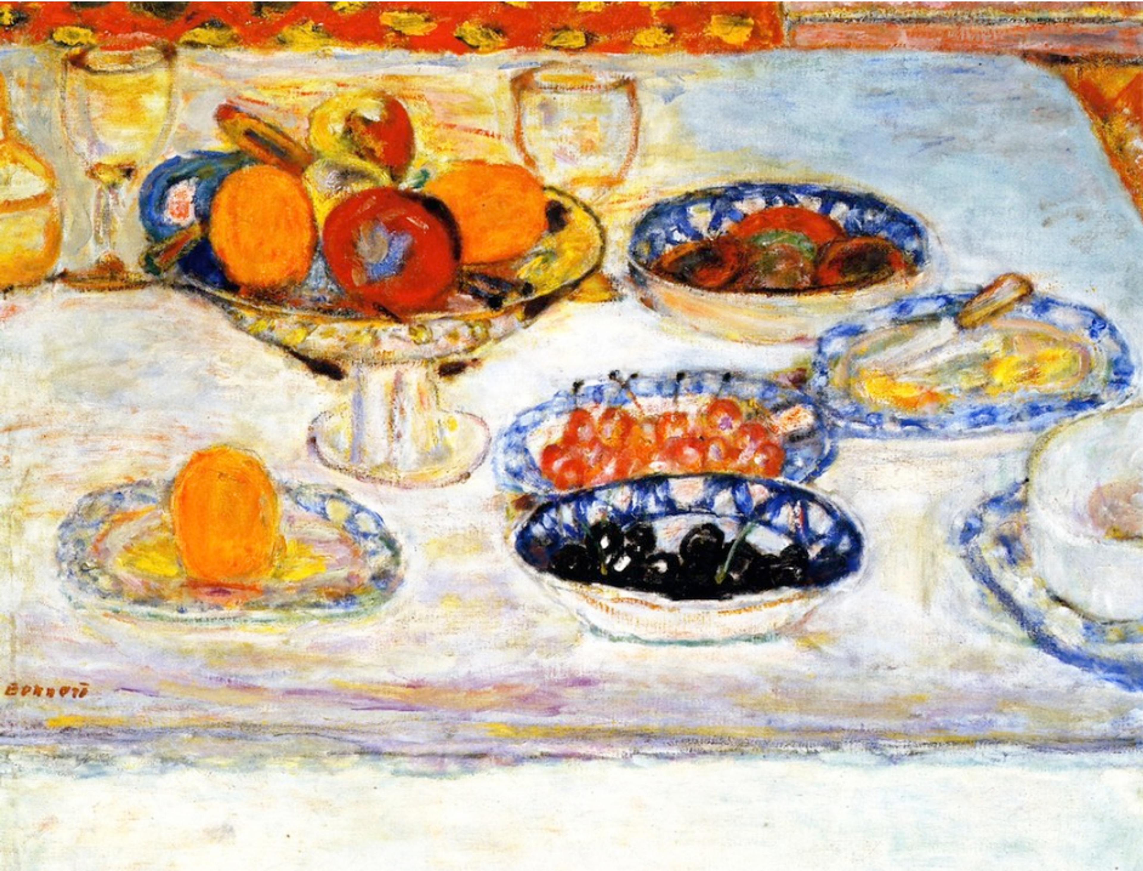A still life with multiple fruit dishes and plates on a white tablecloth. Vibrant oranges contrast with dark berries and other fruits in various bowls against a pale white-tablecloth background. Each dish has a blue pattern around the rim.