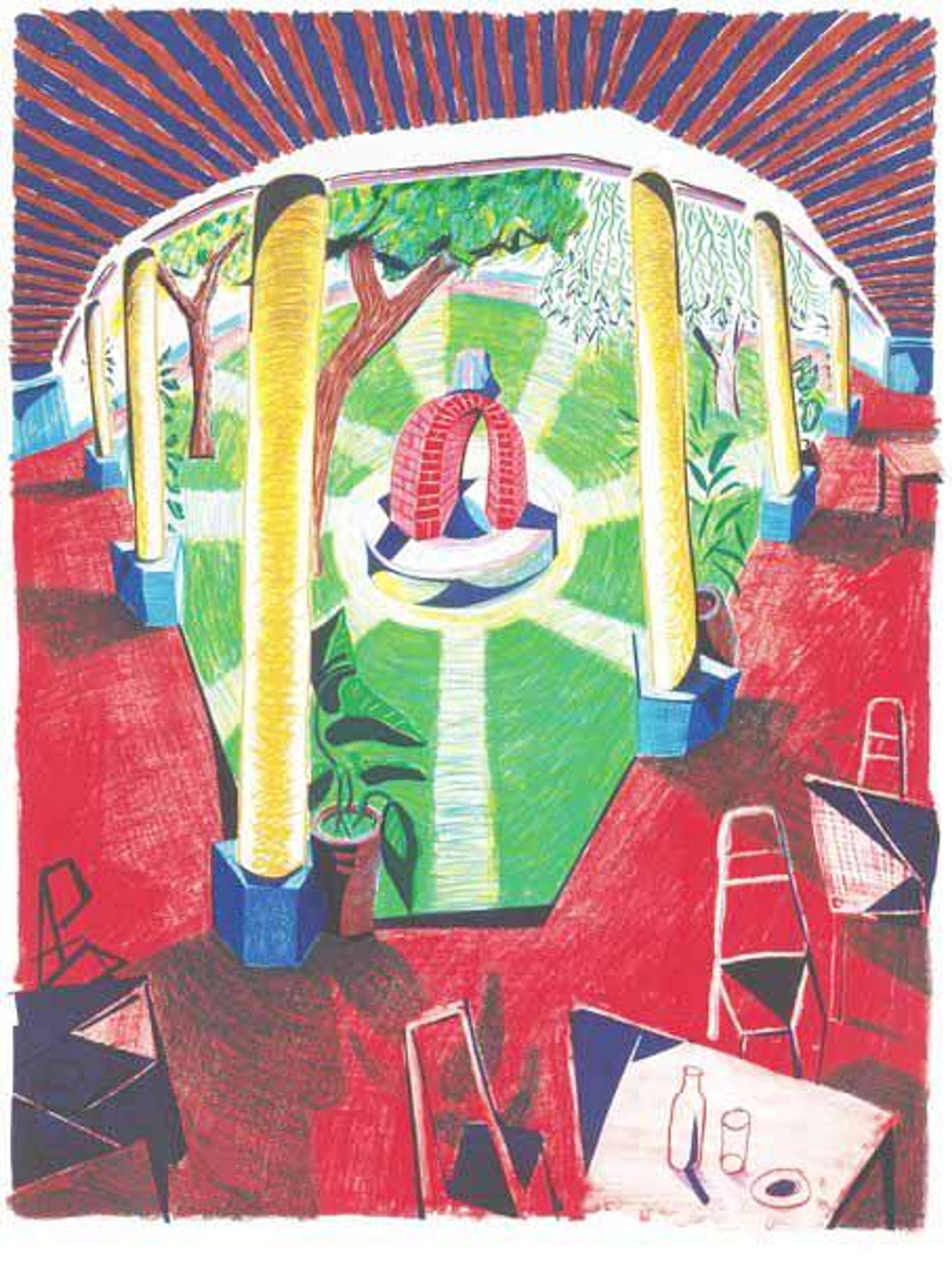 David Hockney’s Views Of Hotel Well III. A lithographic print of the exterior setting of a hotel well and its outdoor patio setting surrounded by pillars.