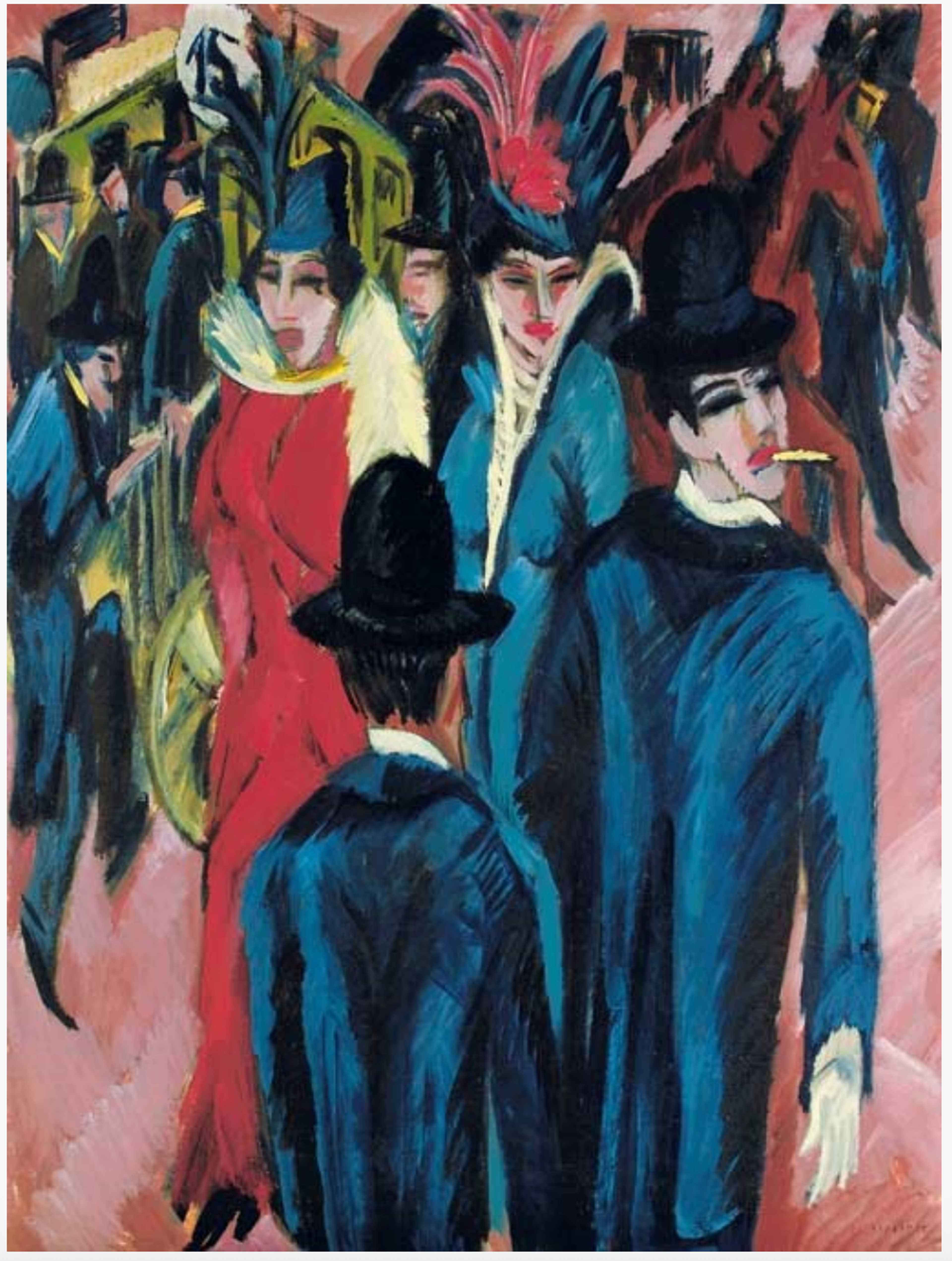 A vibrant, angular street scene depicting two elegantly dressed women in the foreground with hats and bright attire, surrounded by dark-suited men and city buildings with a tram visible in the background, painted in bold expressionist style with vivid colours. The women stand out in bright red and light blue, against the black and navy of the men. The brushstrokes are loose and expressive, suggesting movement rather than accuracy.