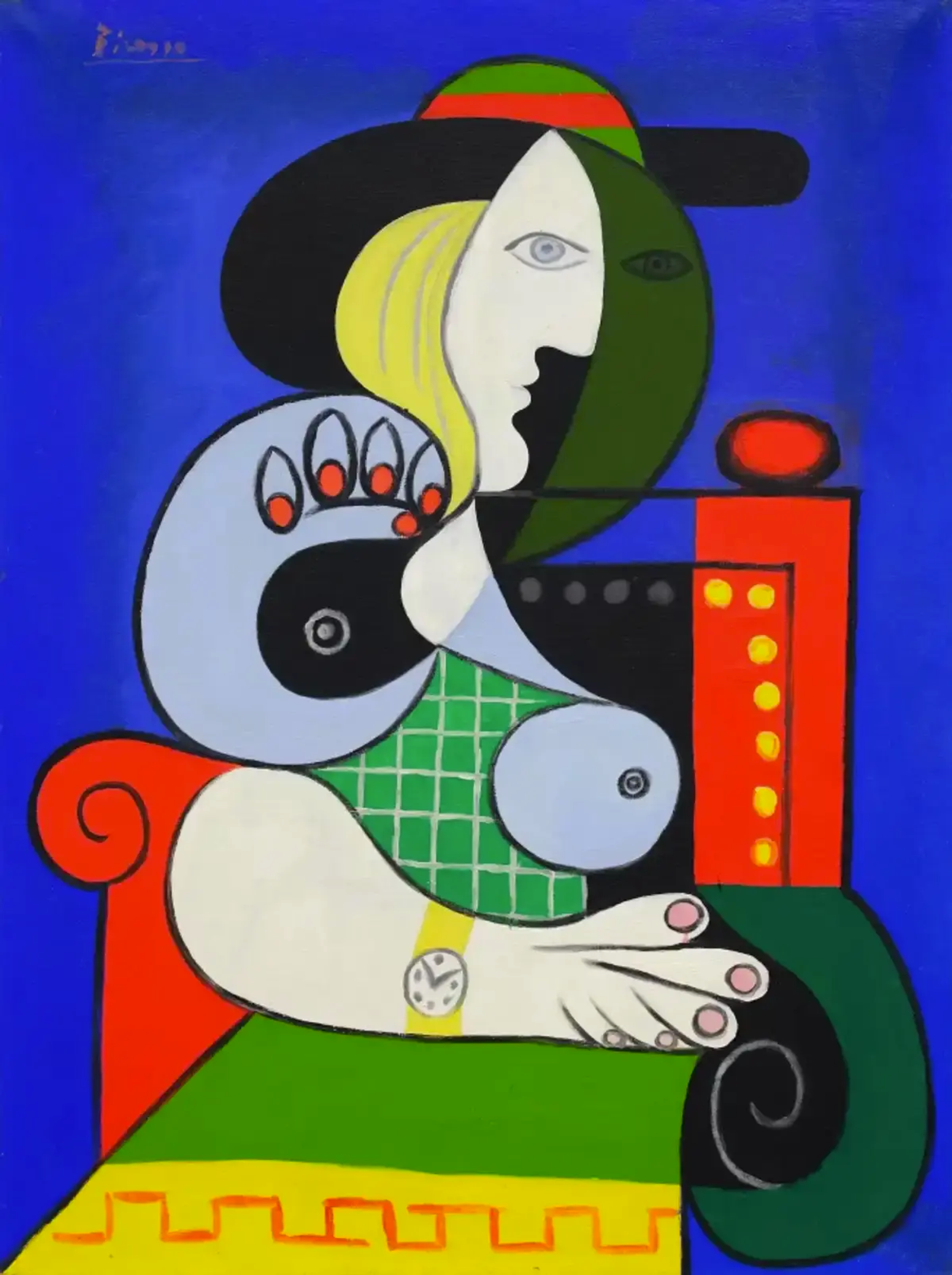 Ce tableau de Pablo Picasso représente une figure féminine déstructurée portant une montre. La palette de couleurs est principalement composée de couleurs primaires.