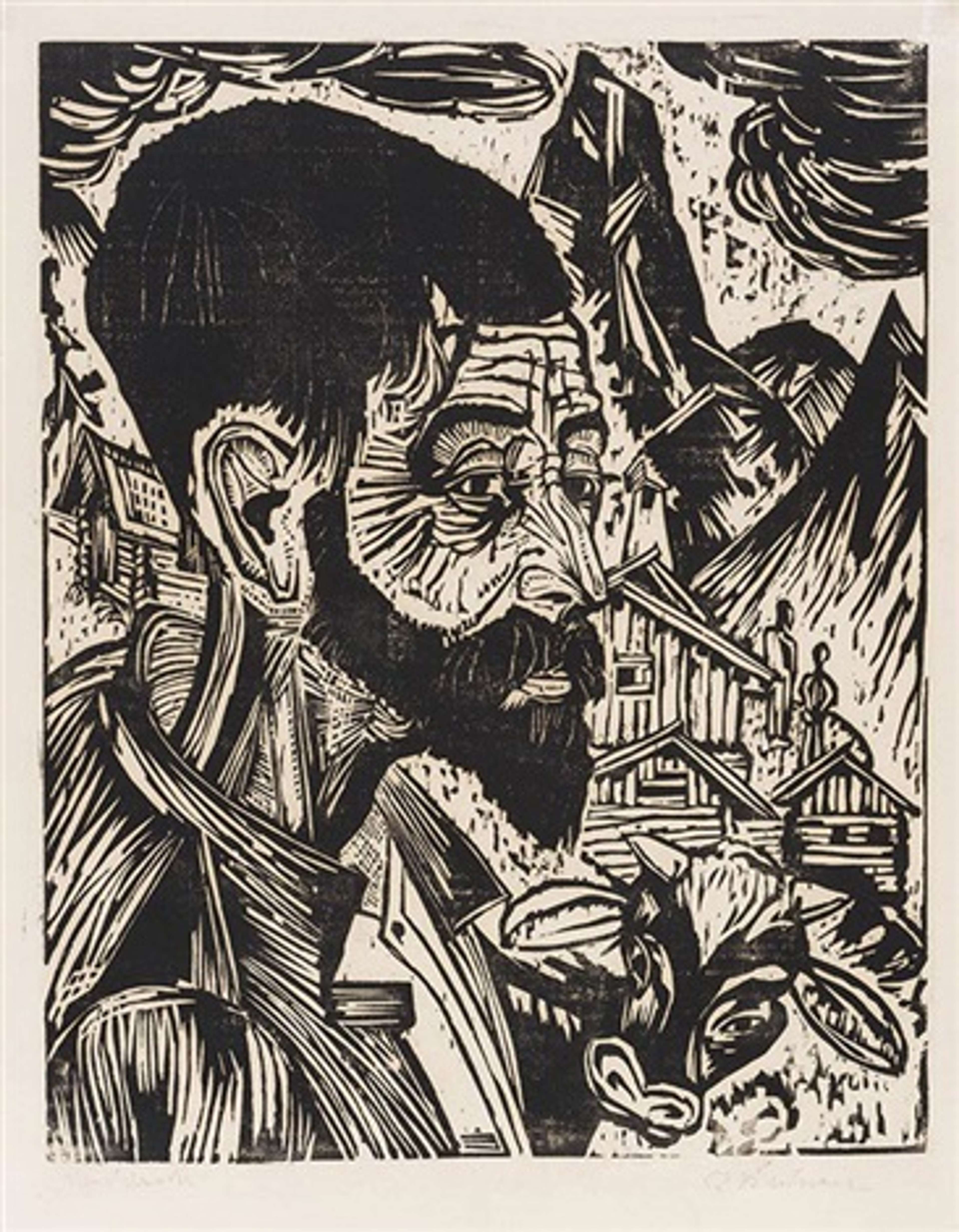 Une gravure sur bois en noir et blanc représentant le portrait de profil d'un homme aux cheveux courts et à la barbe. Les lignes de son visage évoquent l'âge et la fatigue. Derrière lui se trouvent des chalets en bois, des sommets montagneux aux contours anguleux et le portrait d'une vache. Quelques autres silhouettes sont visibles au loin. Le style est dramatique, marqué par un contraste saisissant et des lignes épaisses.