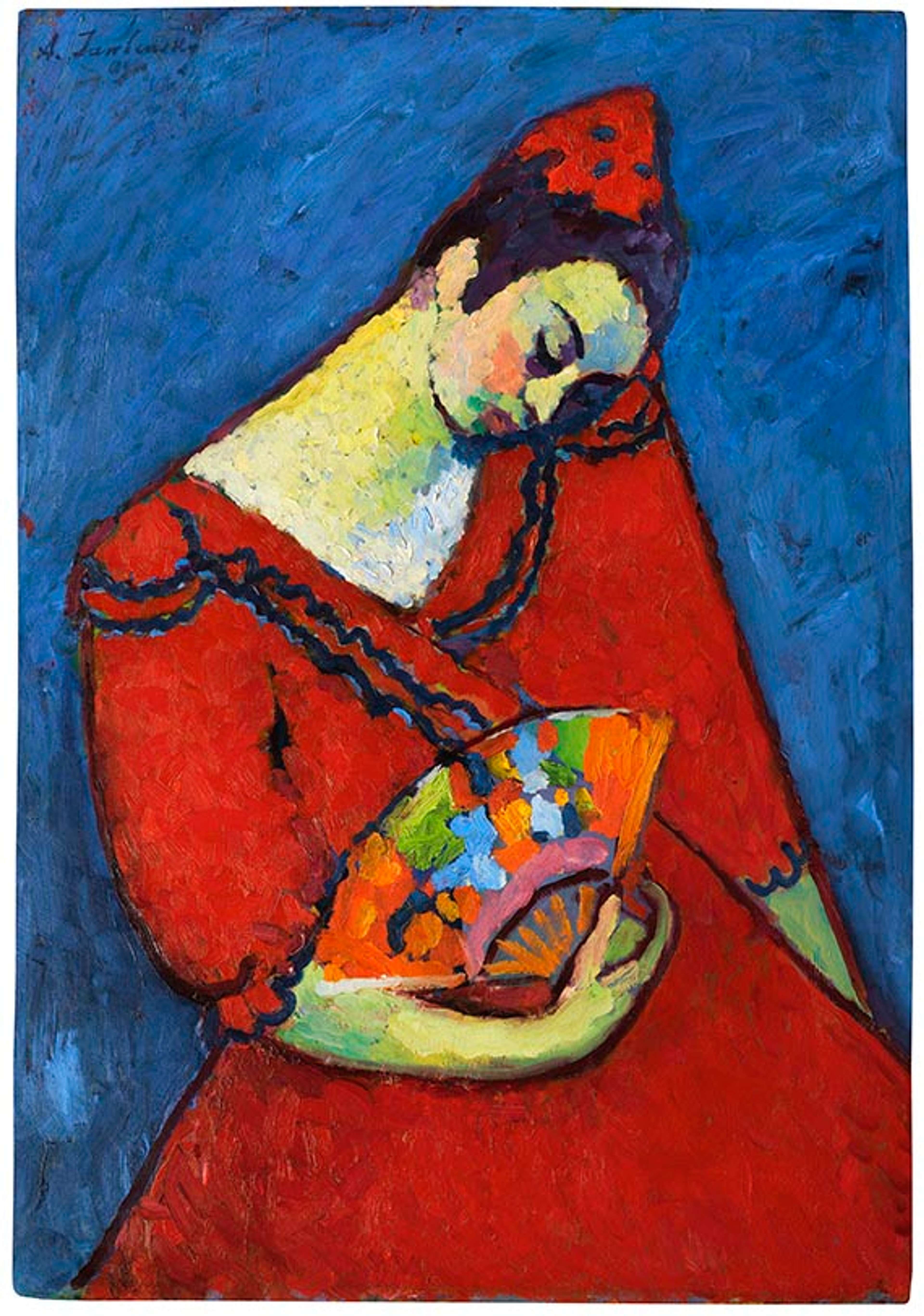 A flamenco dancer in a red dress that fans out to the sides, painted with angular lines. She leans her head down onto her left shoulder, casting half of her face into shadow. She holds a fan across her abdomen. Her skin has a green tinge, with pink cheeks. Her body is simplified into a series of curves and lines, and the colour is added with small, expressive brushstrokes.