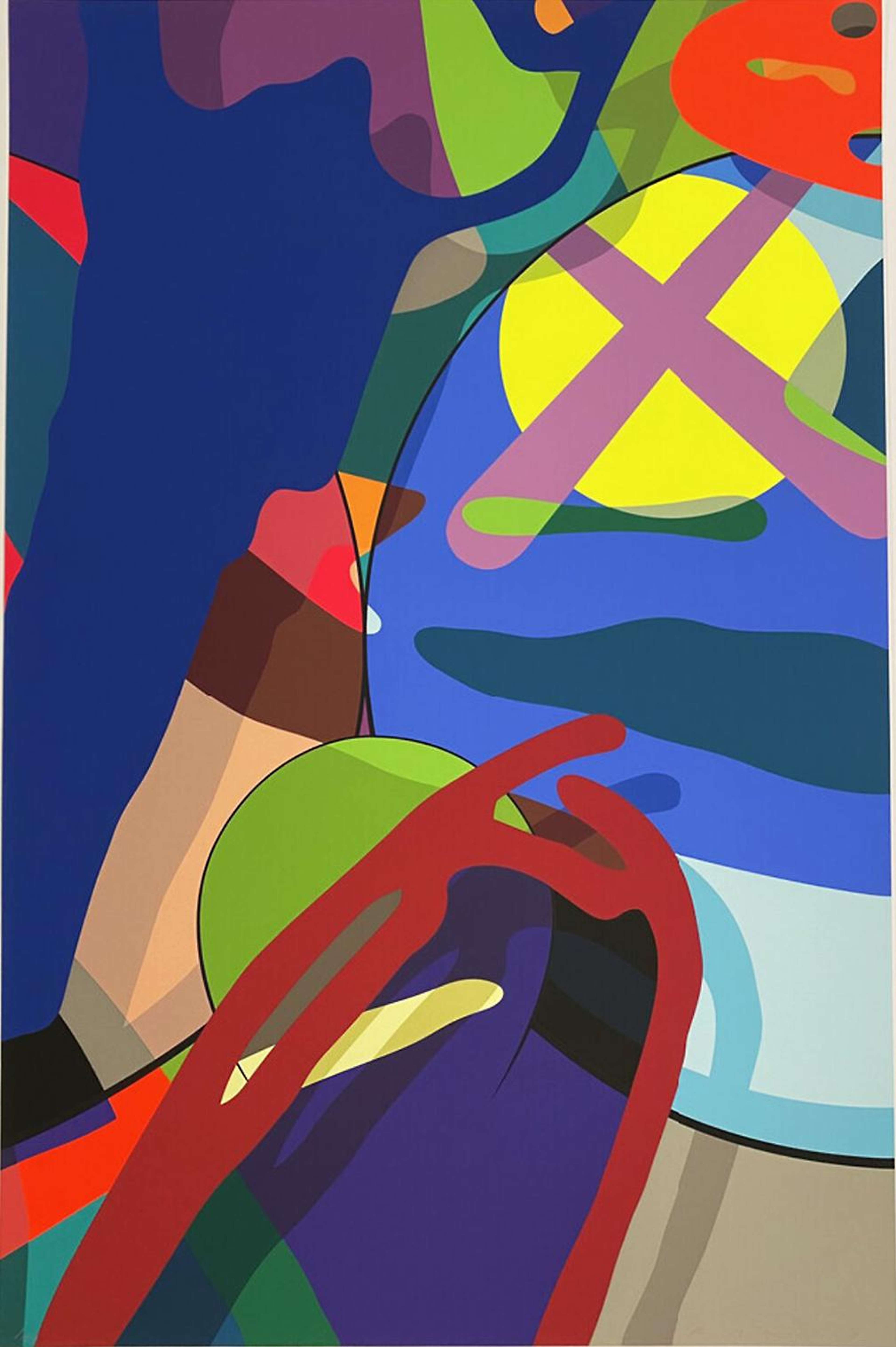 « Tension 1 » de KAWS. Une sérigraphie montrant le gros plan d'un personnage animé bleu recouvert de graffitis.