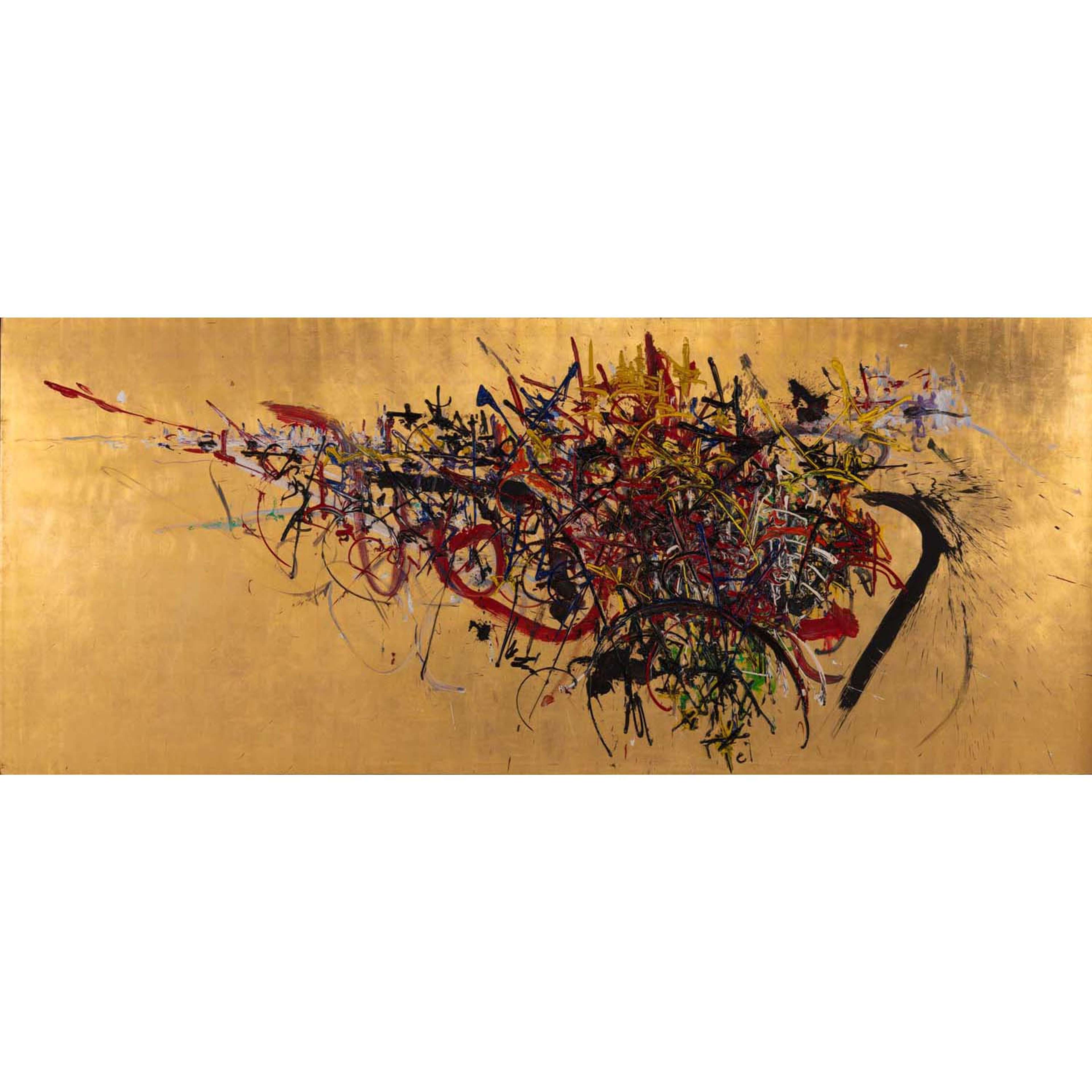 A horizontal painting with a warm gold background. A dense, energetic, top-heavy mass of red, black, and purple lines and marks stretches across the centre towards the right.