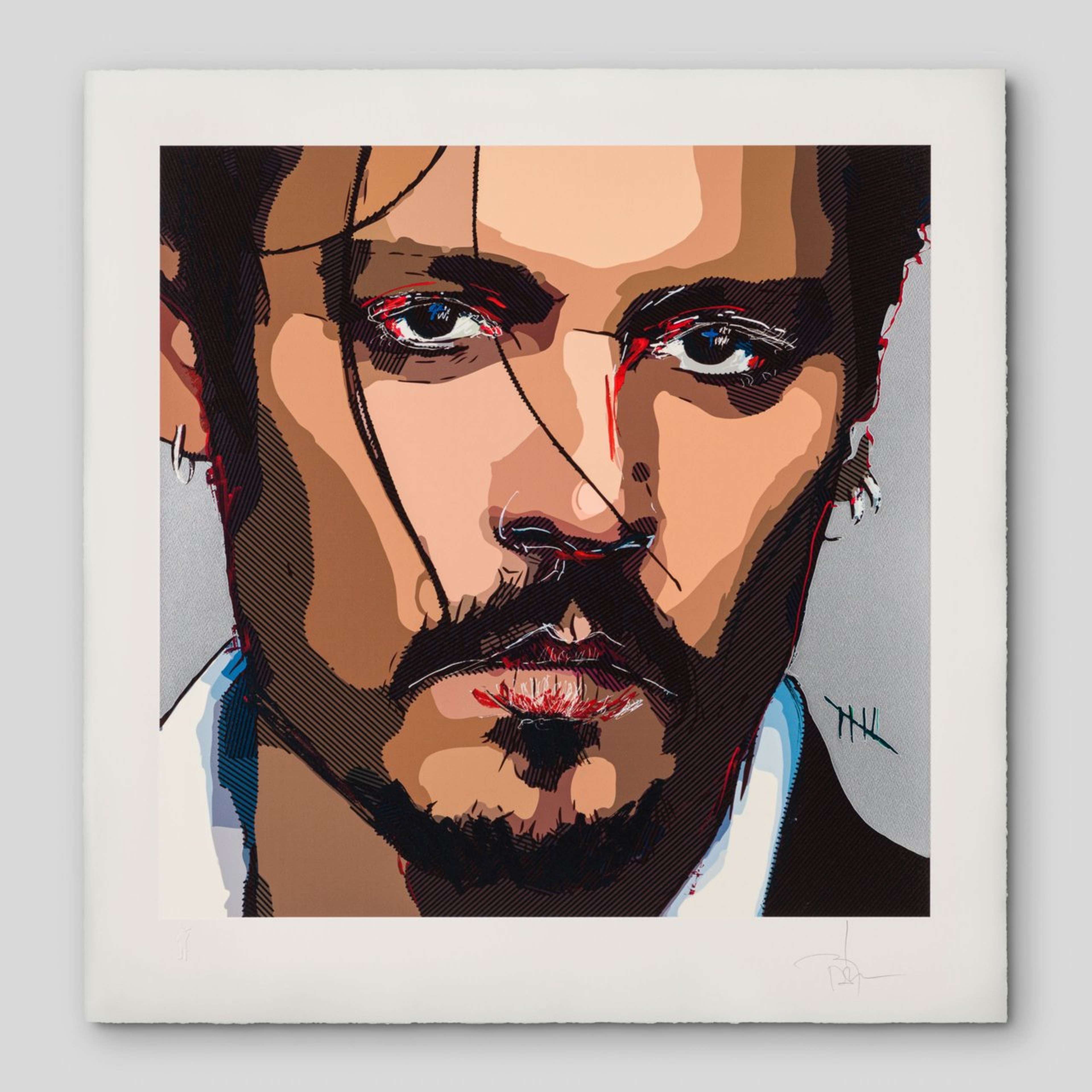 Un autoportrait graphique en gros plan du visage de Johnny Depp.
