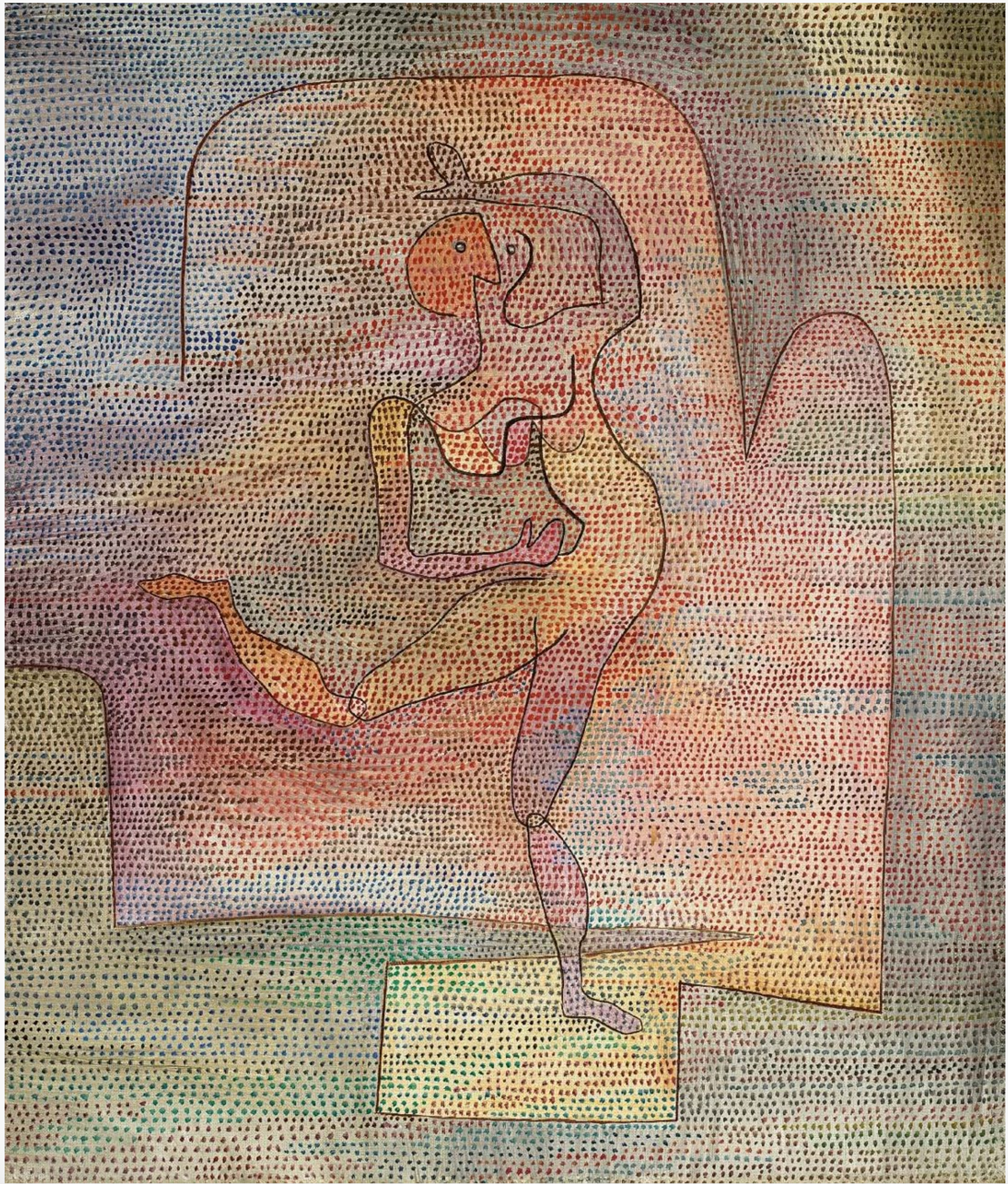 An abstract painting of a dancer outlined in minimal, rhythmic, flowing lines, set against a softly coloured, mosaic-like background of dots; the style is geometric and lyrical, with a colour palette of purple, yellow, orange, and light green.