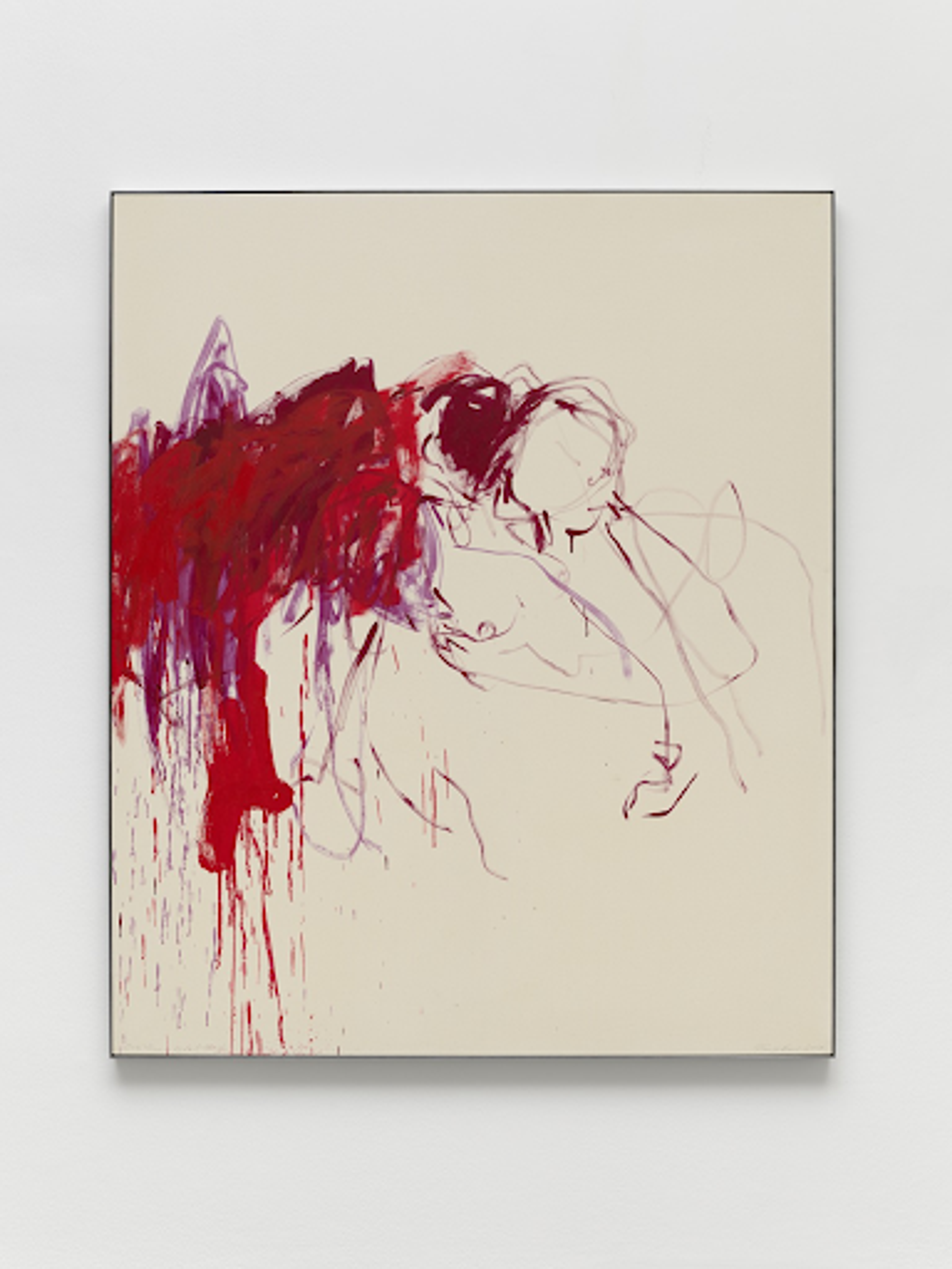 « Only Room In My Mind For You » de Tracey Emin. Peinture abstraite de deux figures, dont une féminine et nue. De la peinture rouge et violette côtoie les deux figures.