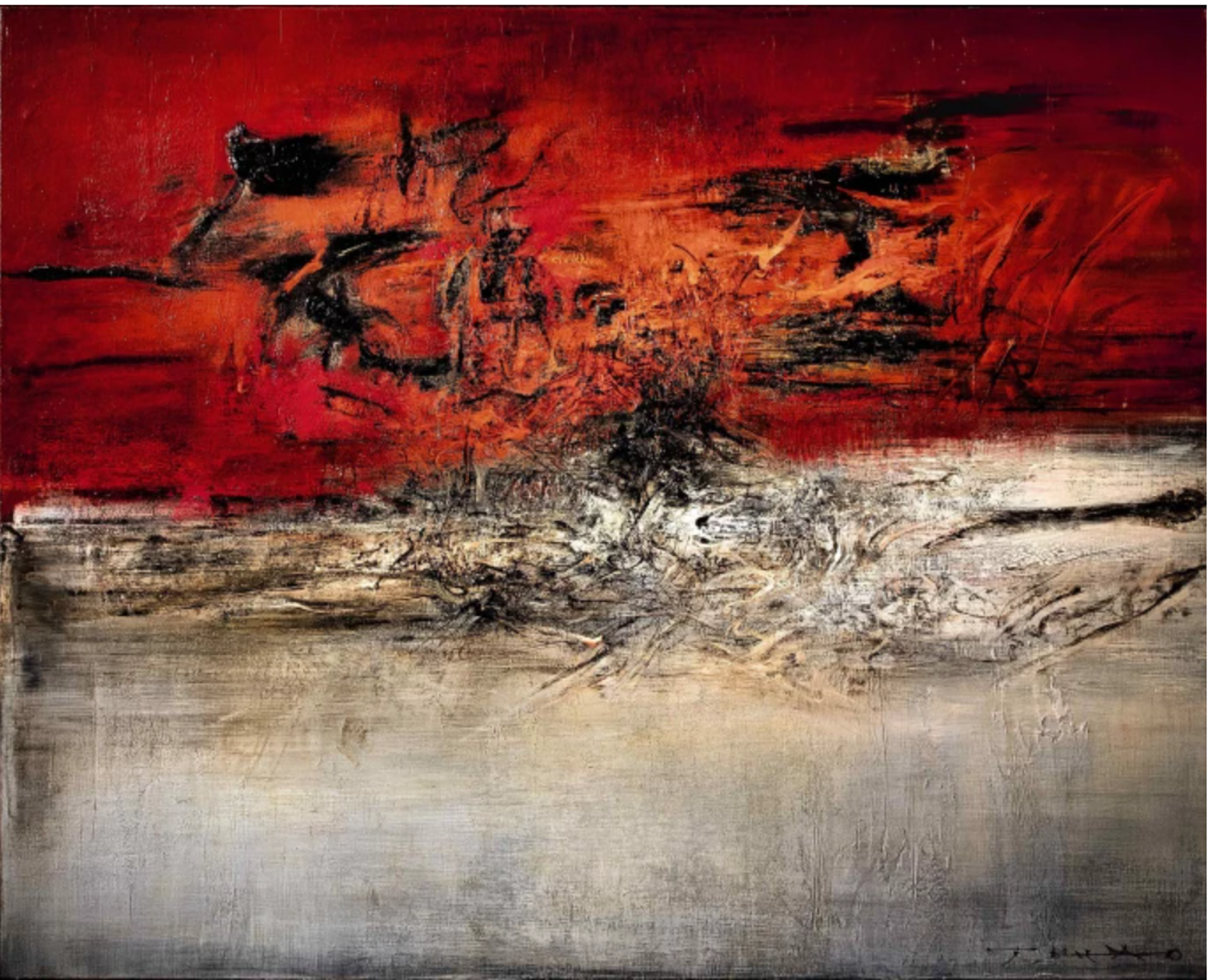 An abstract painting divided roughly in two horizontally. The top half has a bright red background, while the bottom half is mostly white, as if a red sky looms down on a sparse landscape. The entire piece has darker elements of texture.