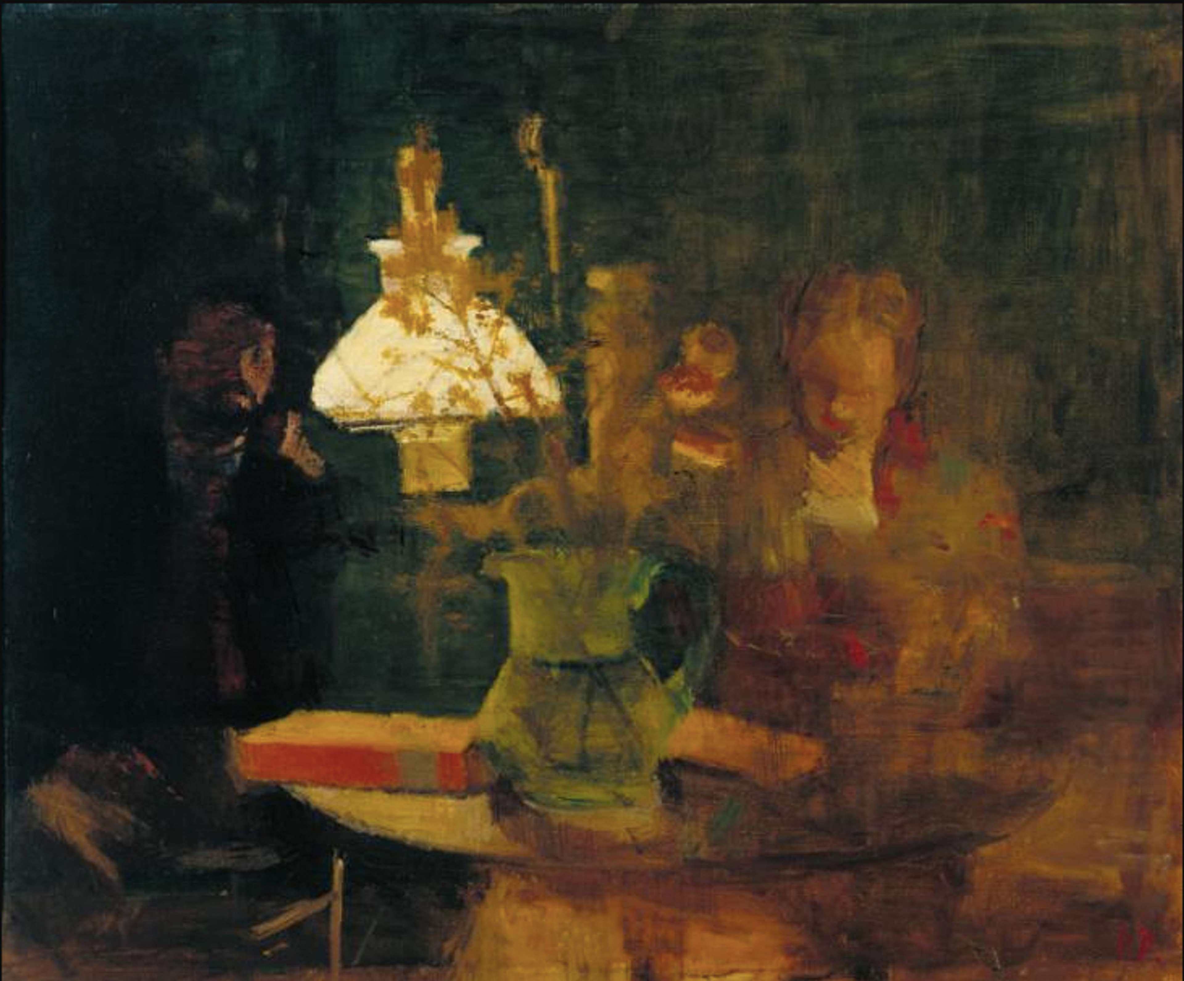 Une huile sur toile intitulée « Lamplight » de Victor Pasmore, représentant une pièce faiblement éclairée avec une table et une chaise, illuminées par une lampe posée sur la table.