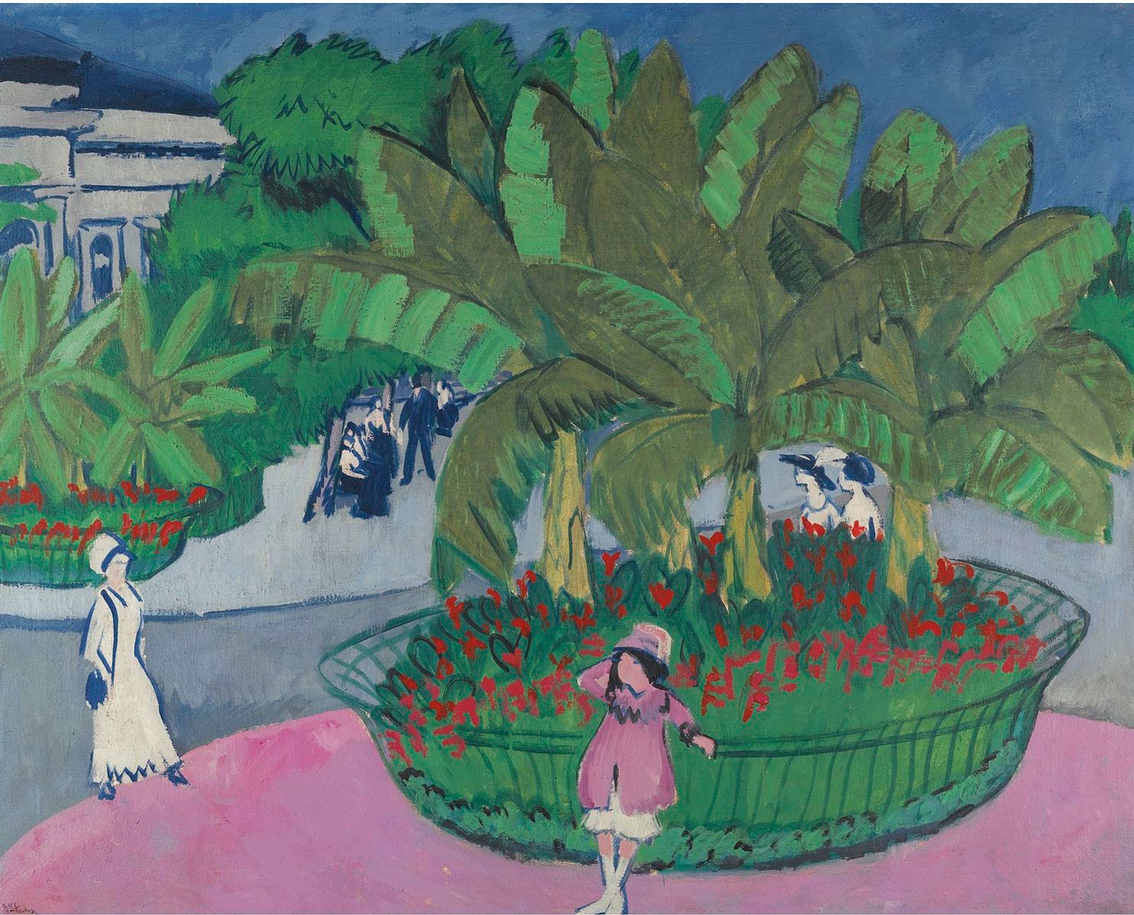 A painting of an urban park scene in Dresden featuring a central circular arrangement of trees and bushes, with pink pavement and grey road surrounding it. In the background, white and blue houses can just be seen. Several simplified figures are walking around or relaxing. The perspective is slightly distorted, with the background made more compact. 
