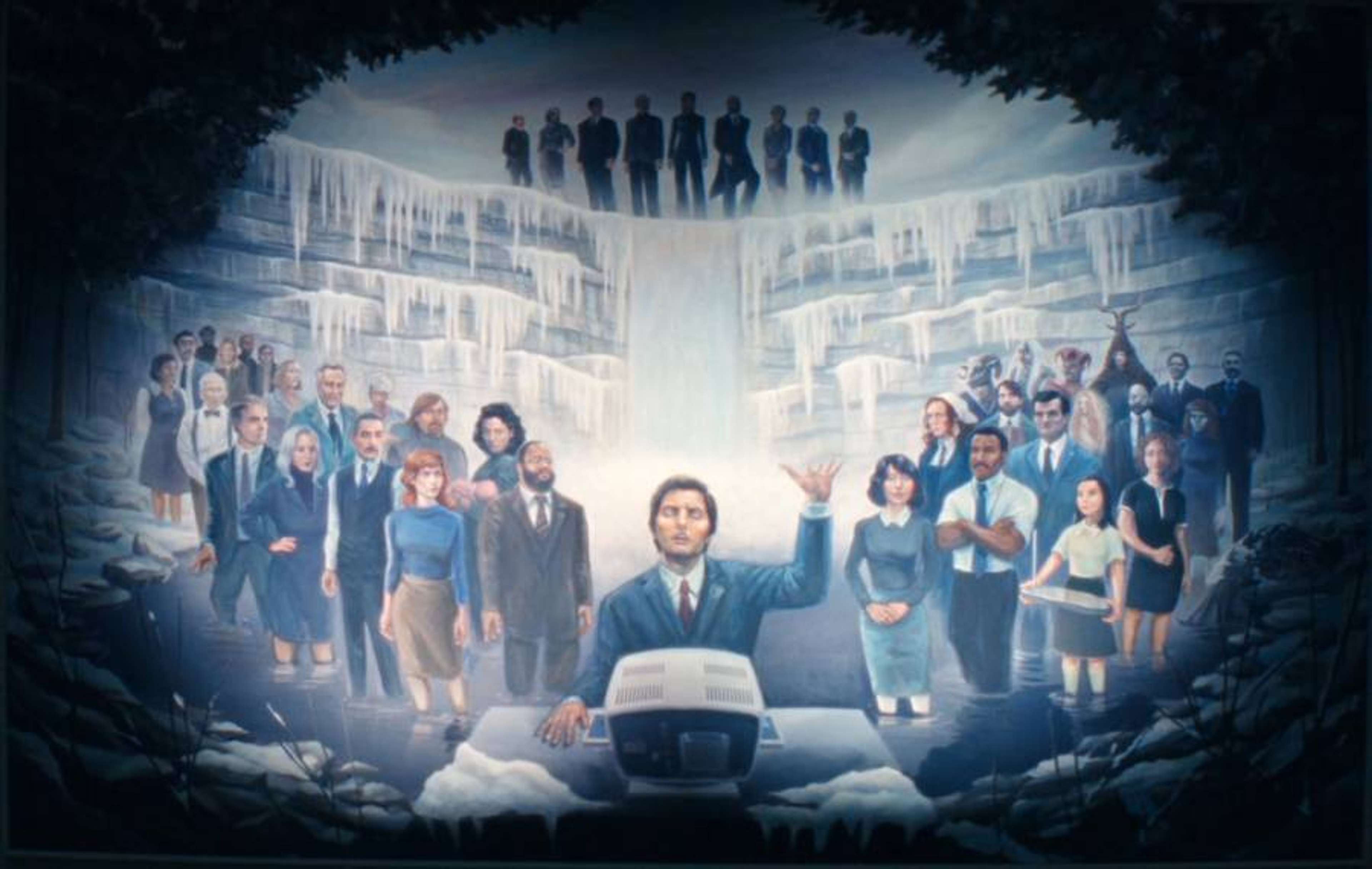 Une peinture représentant un homme assis devant un ordinateur, la main levée, flanqué de groupes de personnes vêtues de tenues de travail d'entreprise de part et d'autre. Titre potentiel : « The Man » ou « Sitting Man ».