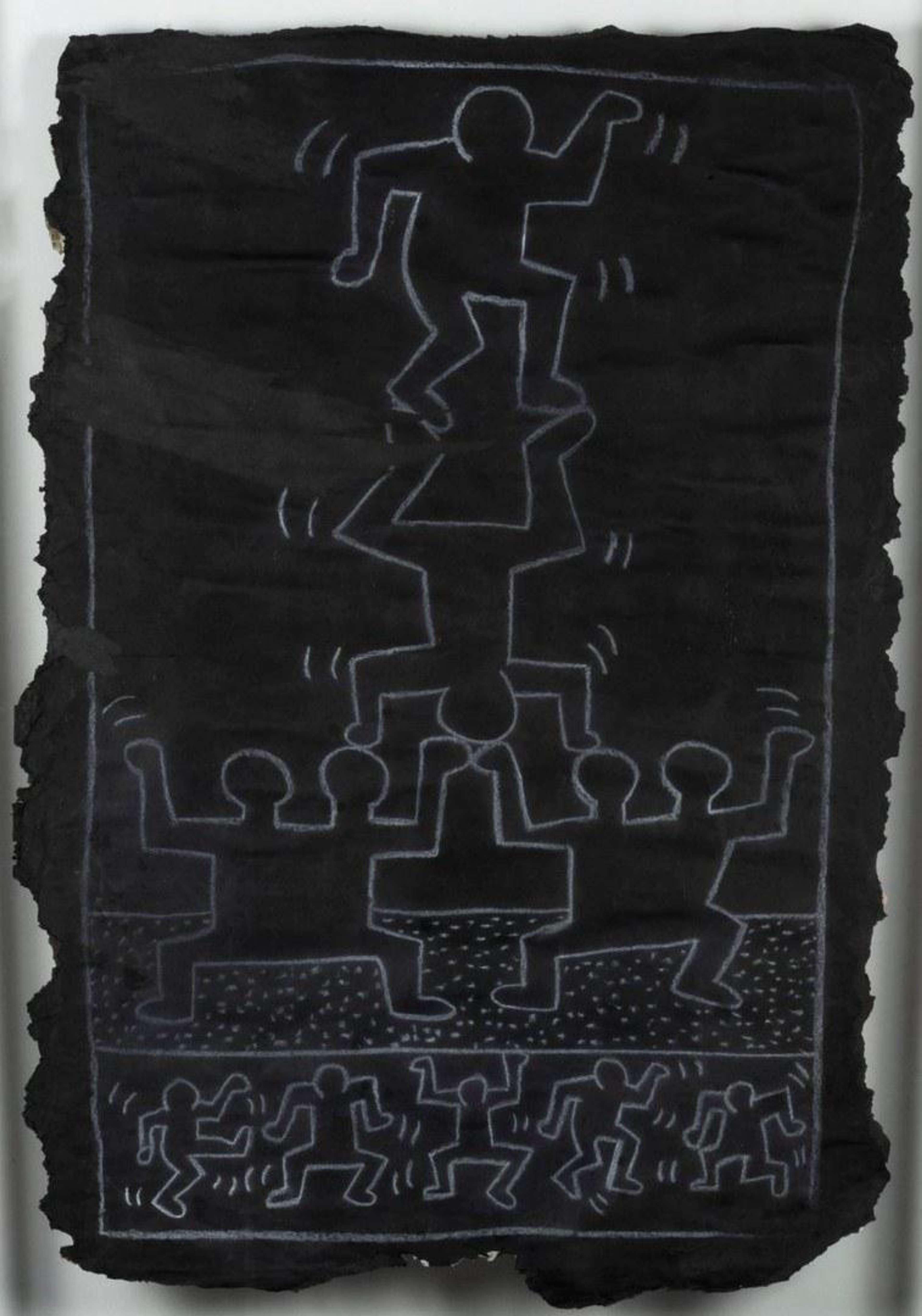 Une image d'un Subway Drawing de Keith Haring. Elle représente un groupe de figures créant une pyramide humaine, se soulevant les unes les autres.