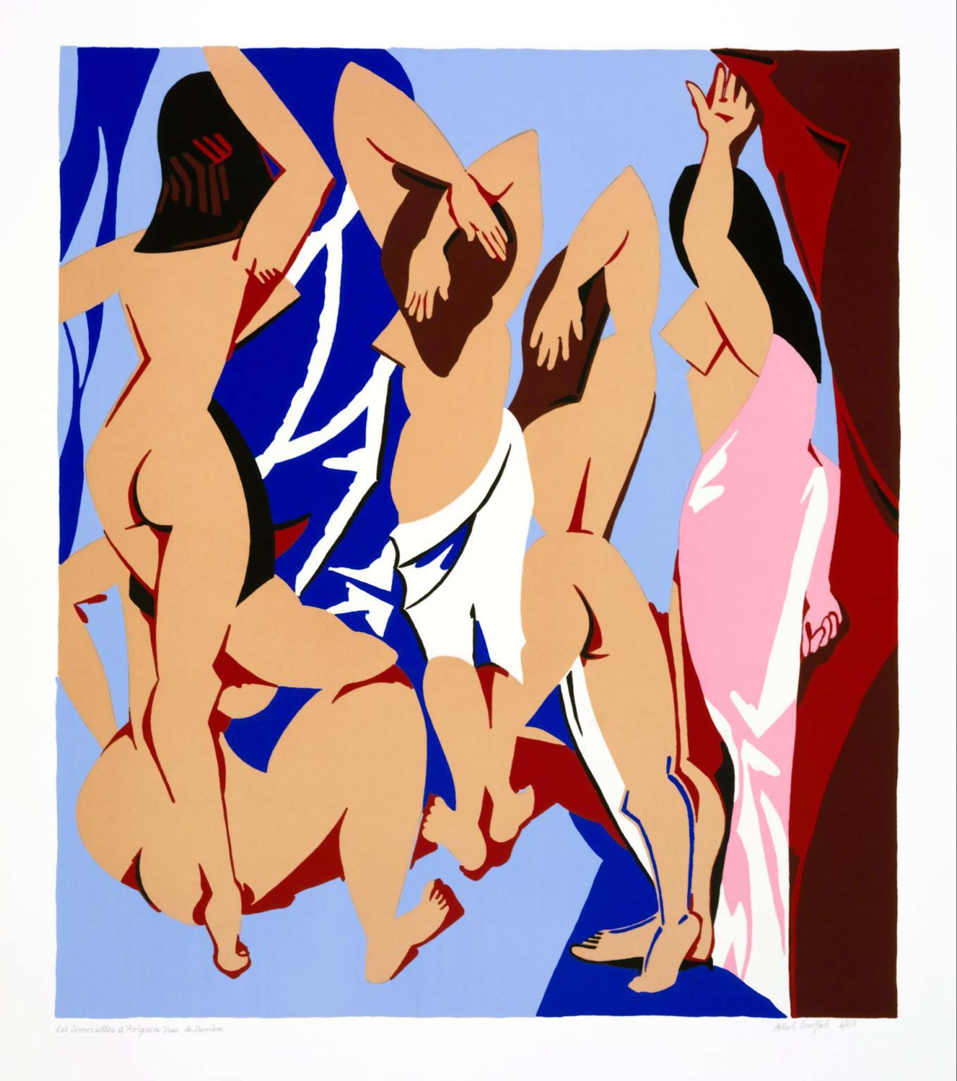 Une image de la peinture « Les Demoiselles d’Avignon Vues De Derrière » de Patrick Caulfield, qui est une reprise humoristique des Demoiselles d’Avignon de Picasso. Dans la version de Caulfield, les figures sont vues nues de dos.