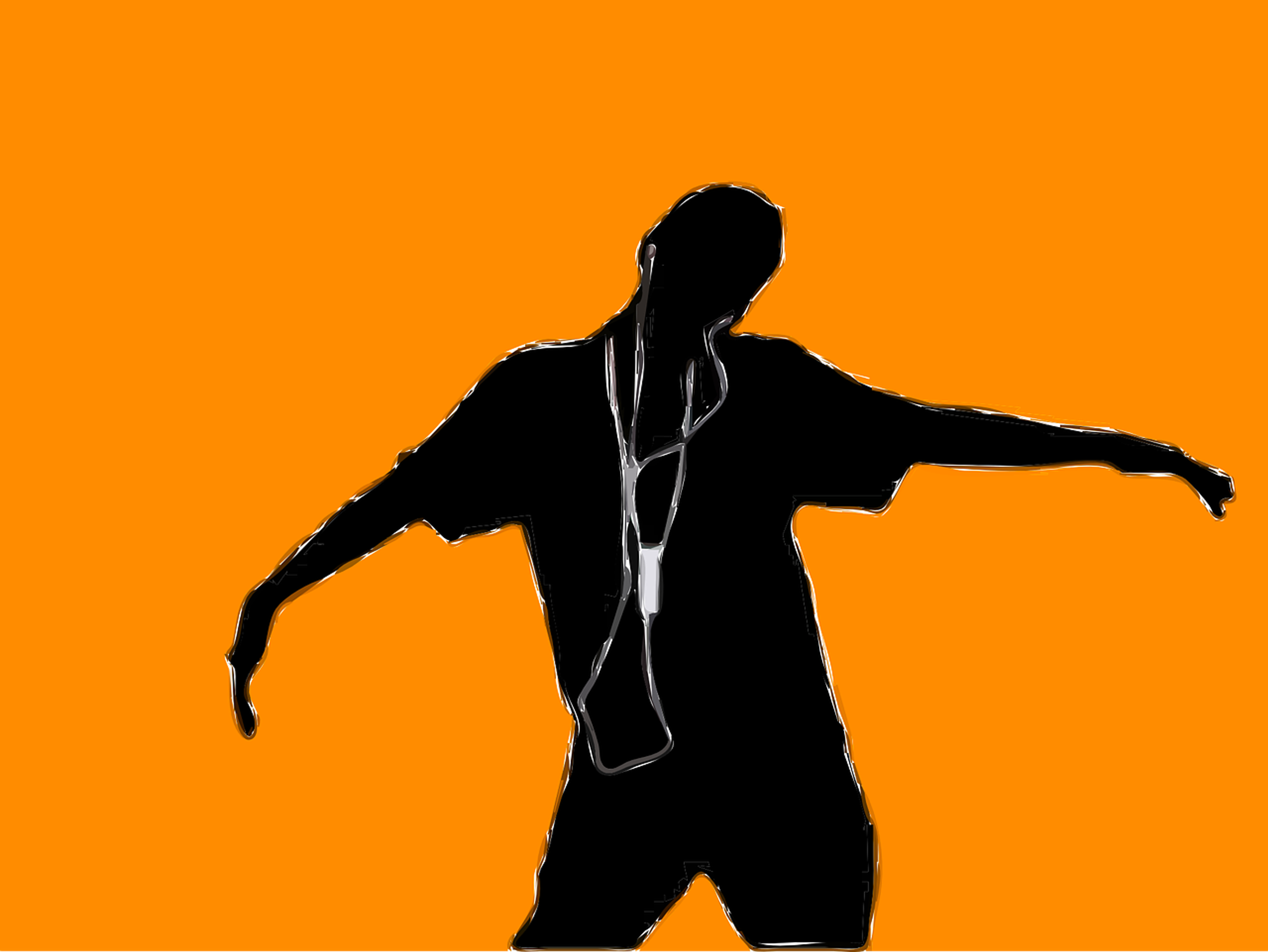 Une personne se tient les bras écartés, profitant de la musique grâce à un casque blanc relié à un iPod Apple. Le personnage se dessine en silhouette noire sur un fond orange vif.