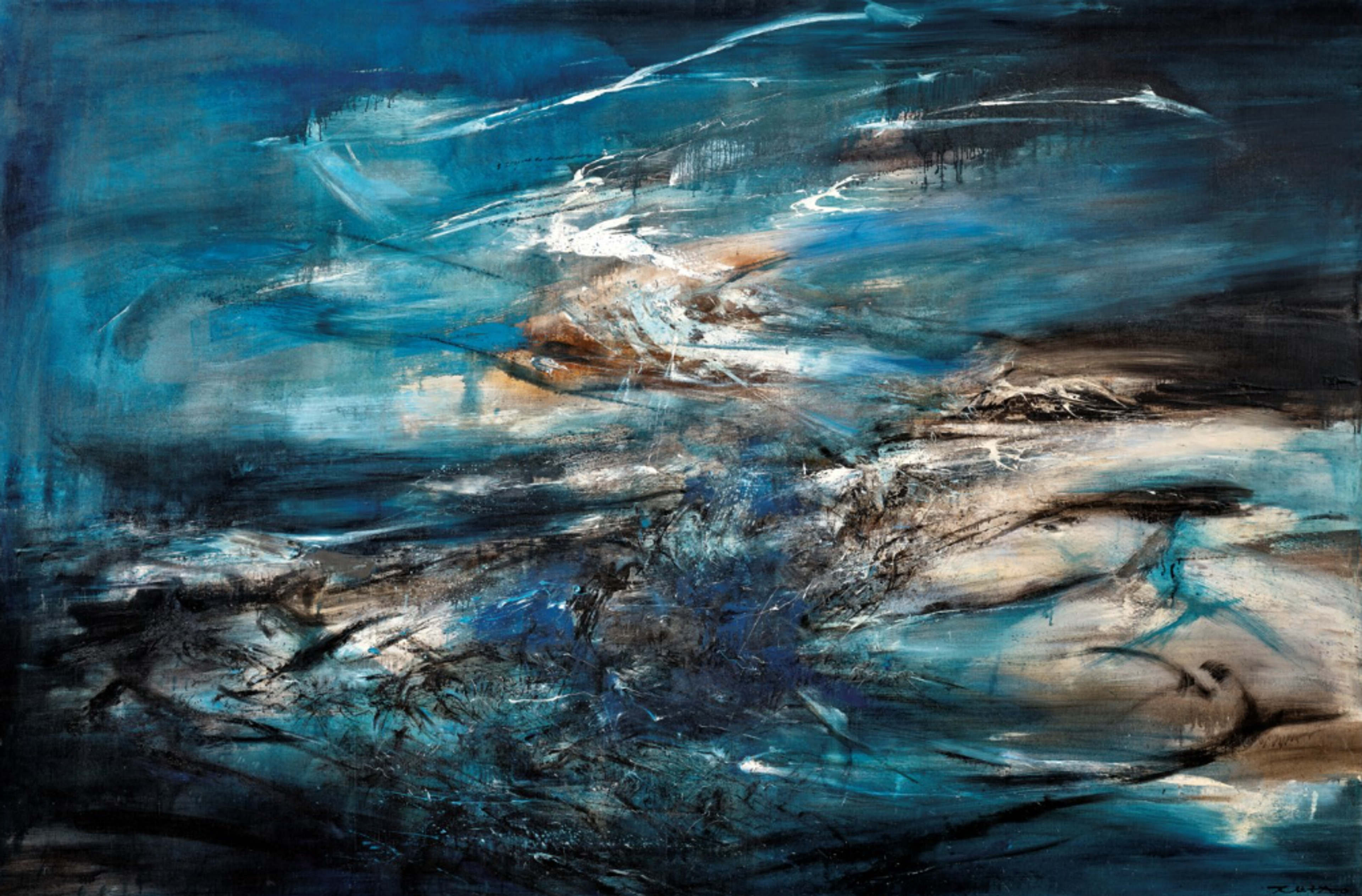 An abstract seascape-like painting in deep blues and whites. The composition suggests turbulent water or stormy skies with sweeping horizontal brushstrokes and dramatic light effects.