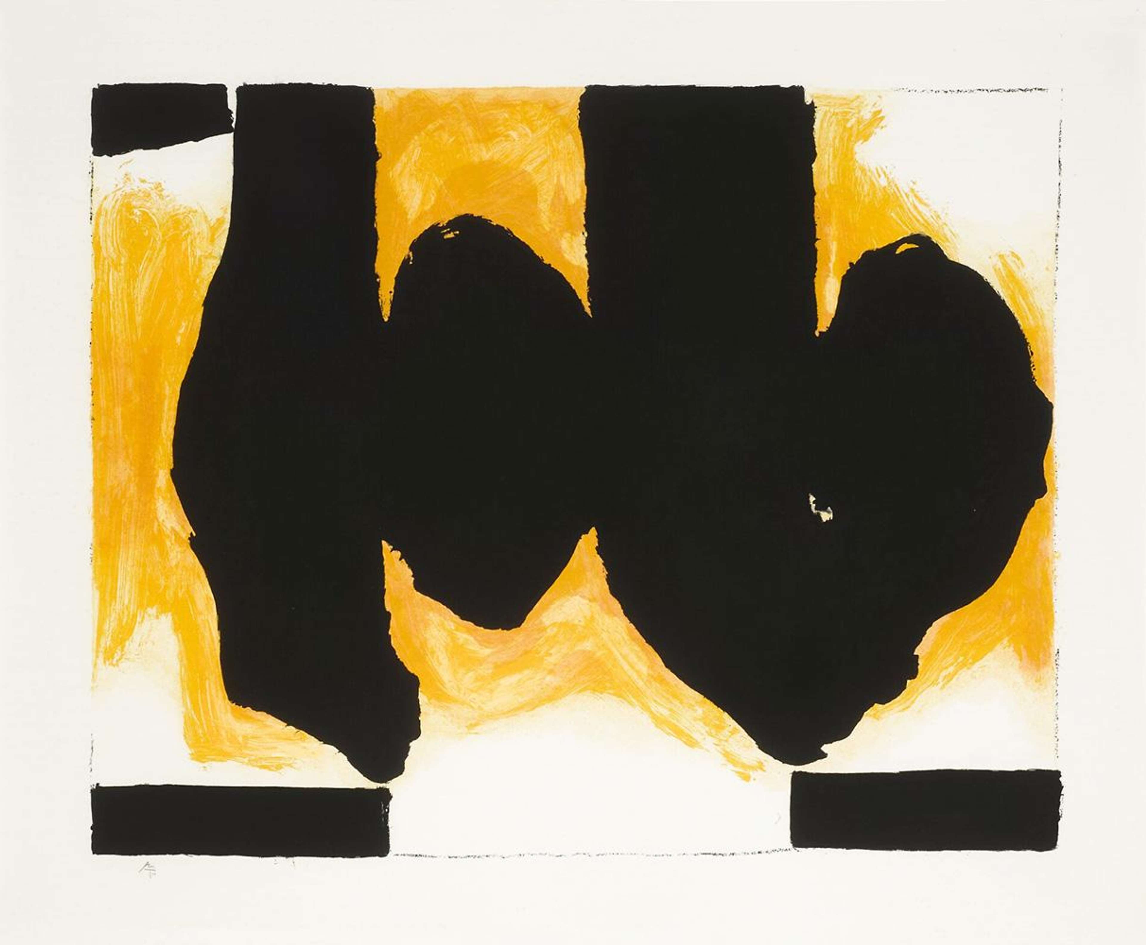 Une estampe signée de « Burning Elegy » par Robert Motherwell. La composition abstraite présente des formes noires et des coups de pinceau expressifs sur un fond jaune et blanc.