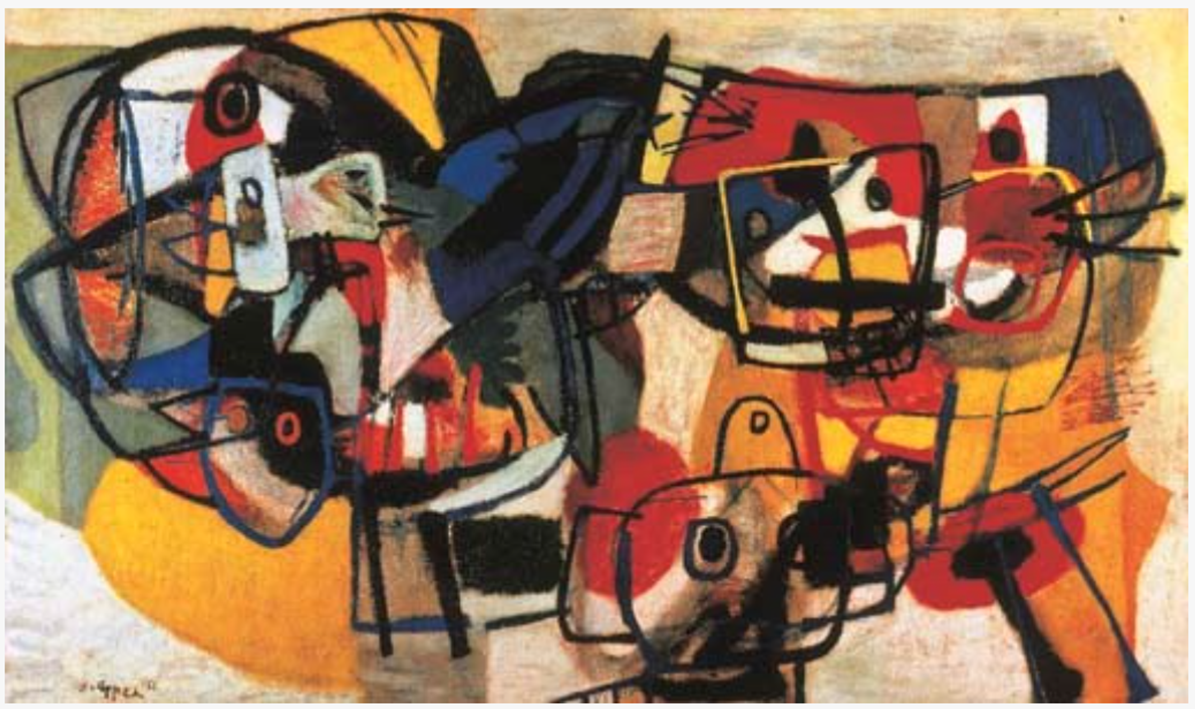 Abstract composition with fragmented geometric forms in orange, black, and red creating vague figures with curved and angular lines against a warm background. Black circles within circles suggest the eyes of the characters.