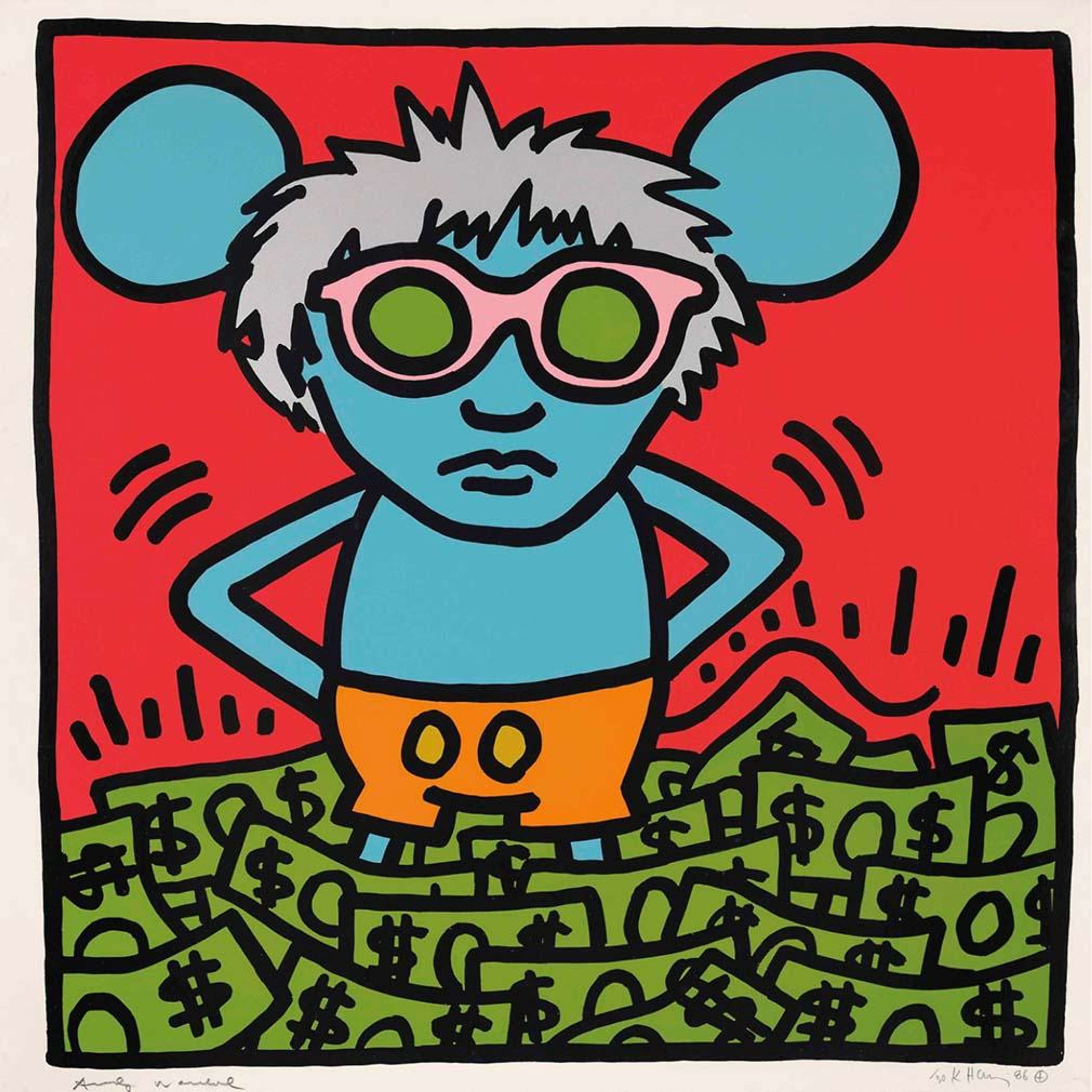 A screen print by Keith Haring depicting Andy Mouse with blue skin, grey spiky hair and pink sunglasses standing on piles of dollar bills against a bright red background, executed in Haring's bold Pop Art style with thick black outlines, signed in the lower left corner.