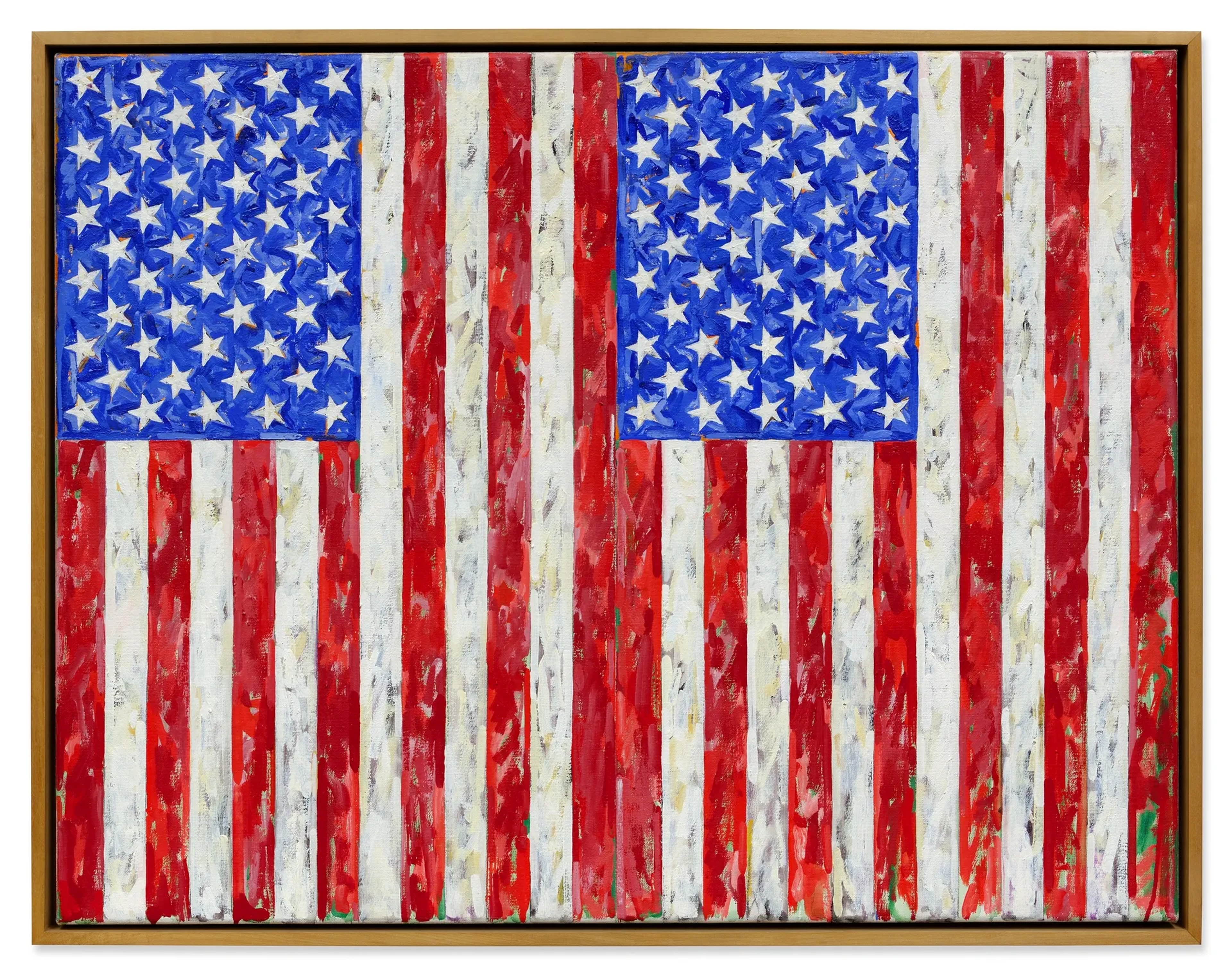 Une image de l'œuvre « Flags » de Jasper Johns, montrant deux drapeaux des États-Unis, suspendus côte à côte et orientés vers le bas.