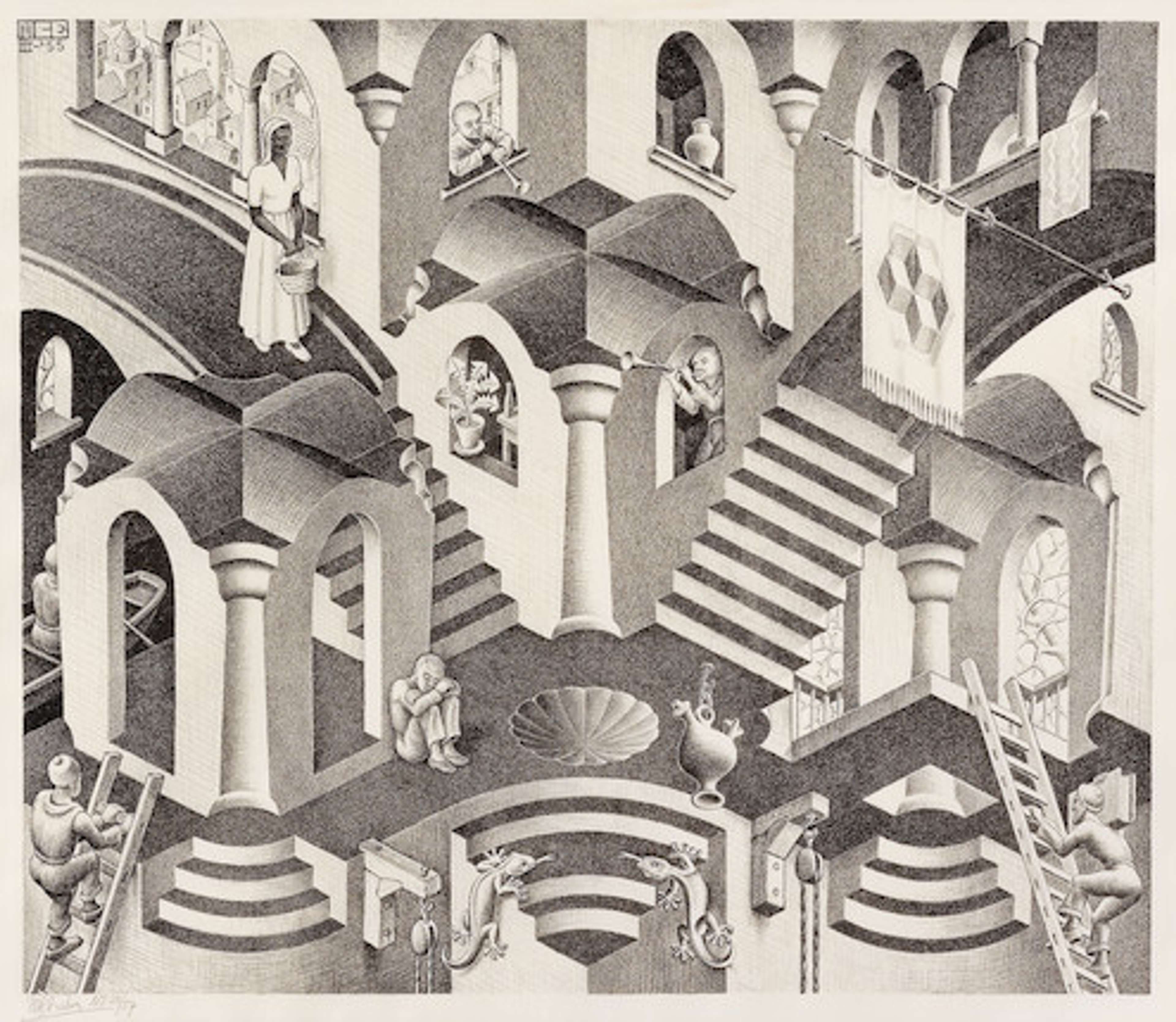« Convex And Concave » par M. C. Escher. L'estampe présente une série d'escaliers et d'arches qui défient la perspective.