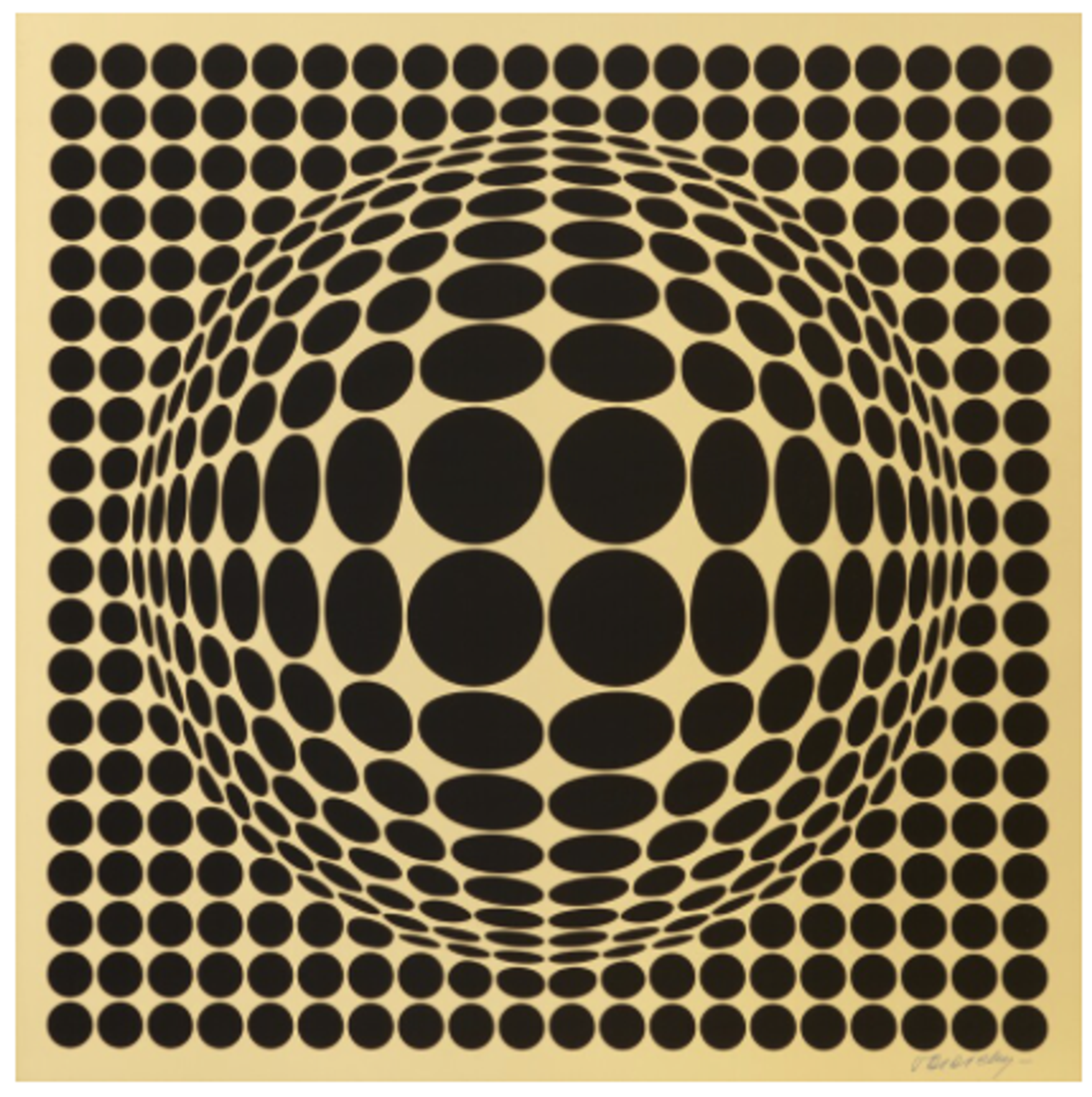Une œuvre d'art visuellement saisissante, composée de formes géométriques dorées et noires, notamment des cercles de tailles variées disposés selon un motif quadrillé. Cet agencement crée une illusion d'optique, donnant l'impression d'un cercle tridimensionnel flottant.