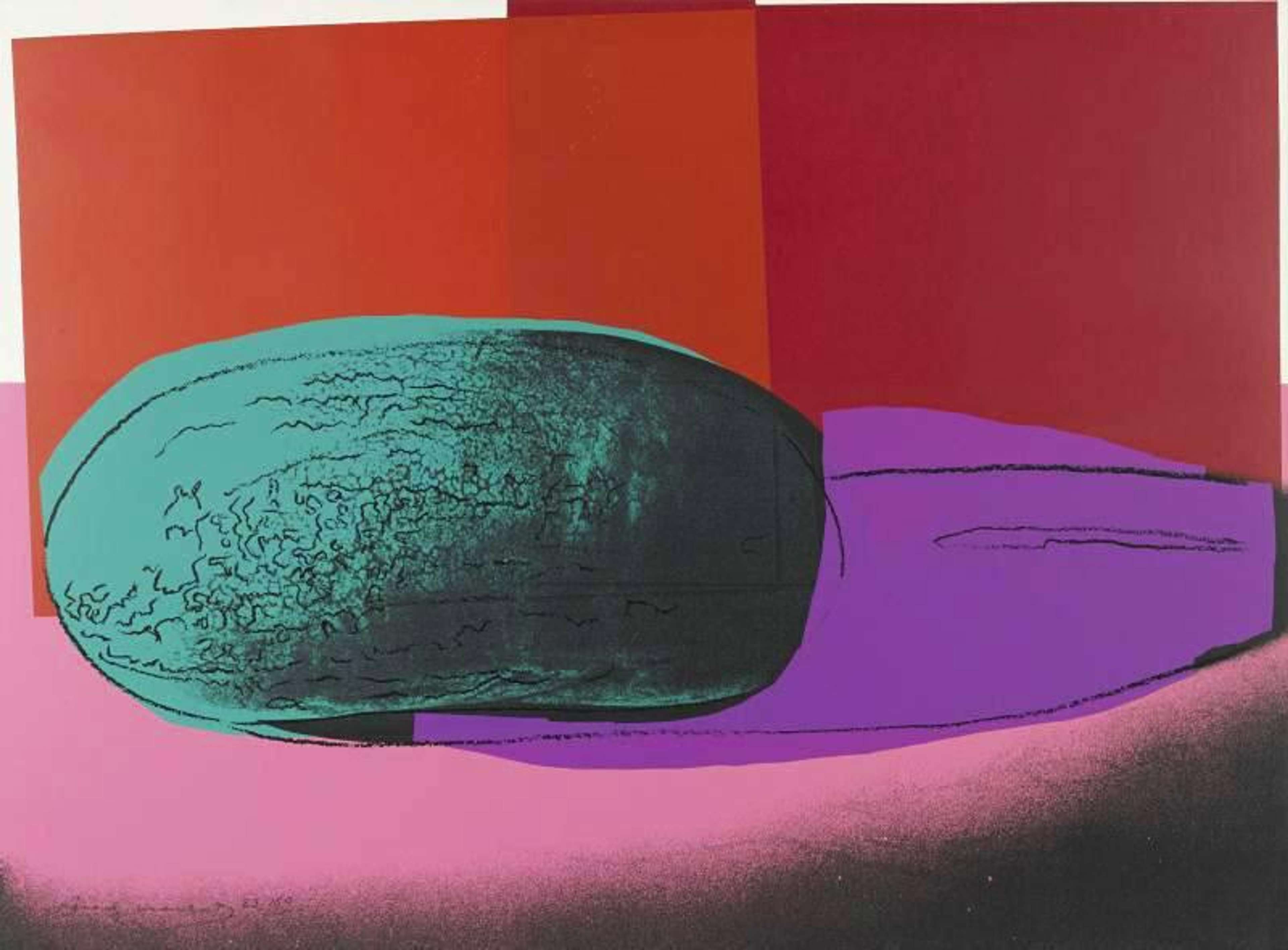 A silkscreen of watermelon, its green rind intensified through Warhol’s electric colour palette.