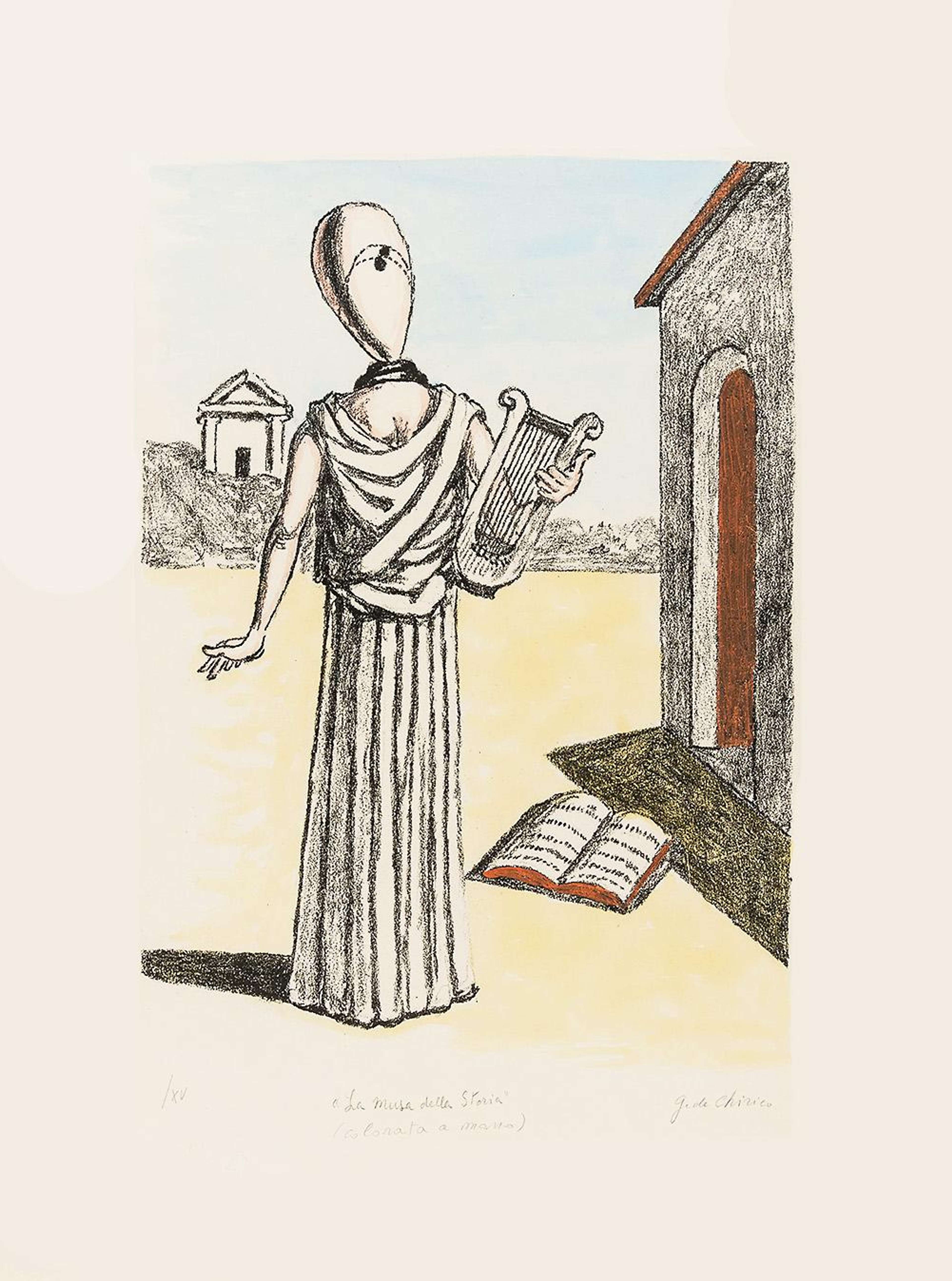 Dessin en couleurs représentant une figure sans visage ni cheveux tenant une lyre. Elle porte une robe blanche jusqu'au sol, dont les plis évoquent une colonne de la Grèce antique. À sa gauche se trouvent un livre ouvert jeté à terre et un bâtiment avec une porte entrouverte. En arrière-plan, un temple se dresse sur un rocher.