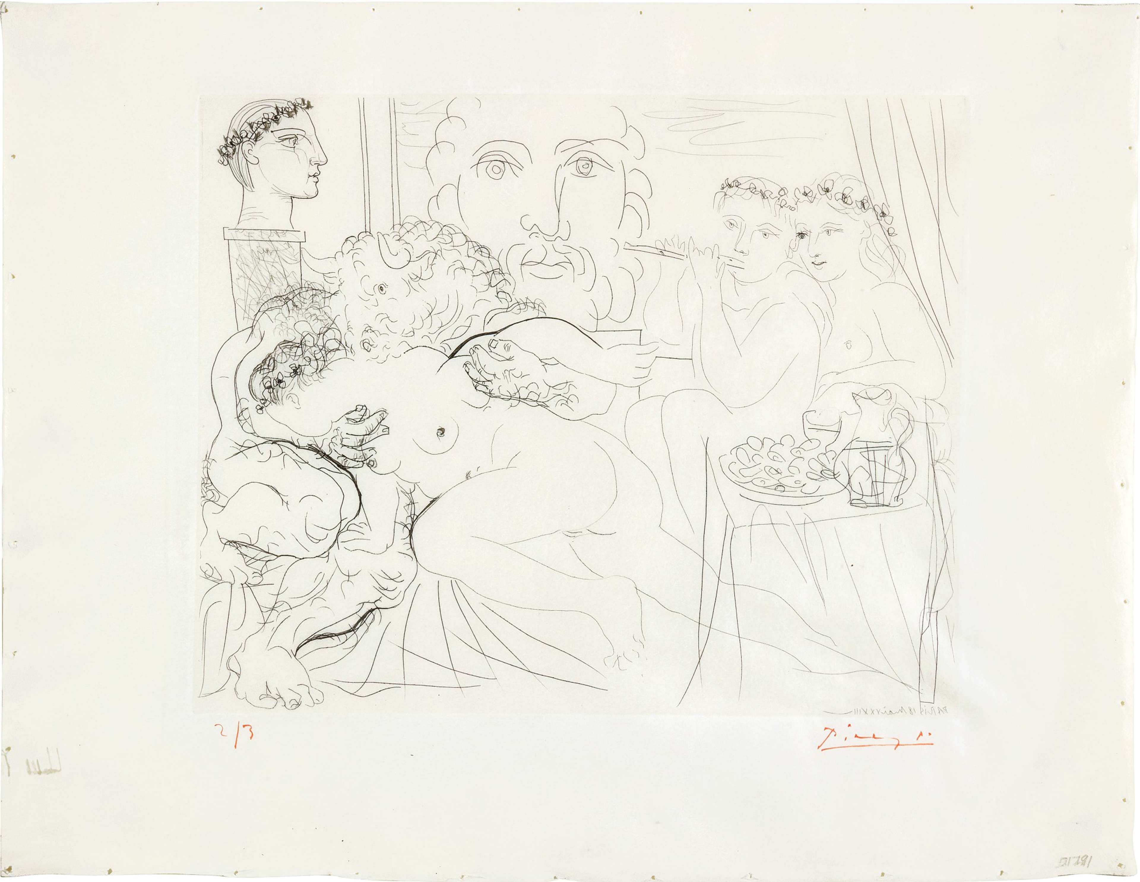 Cette estampe monochrome de Pablo Picasso représente une scène de bacchanale, où plusieurs personnages – dont un Minotaure – entourent une jeune femme nue. Un buste de style classique se dresse à l'arrière-plan.