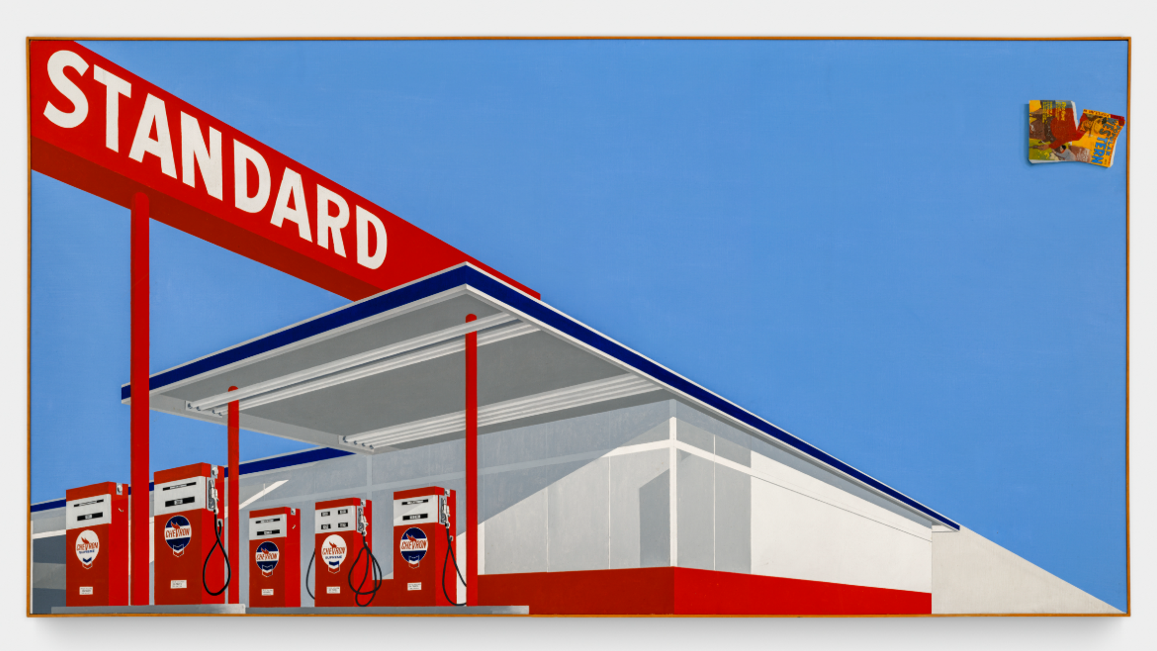 A bold oil painting of an American Standard gas station, painted in red, white, and dark blue against a pastel blue sky. The perspective is sharp, as if the viewer is looking up at the station from the ground to one side. In the top right corner of the painting is a half-torn Western magazine.