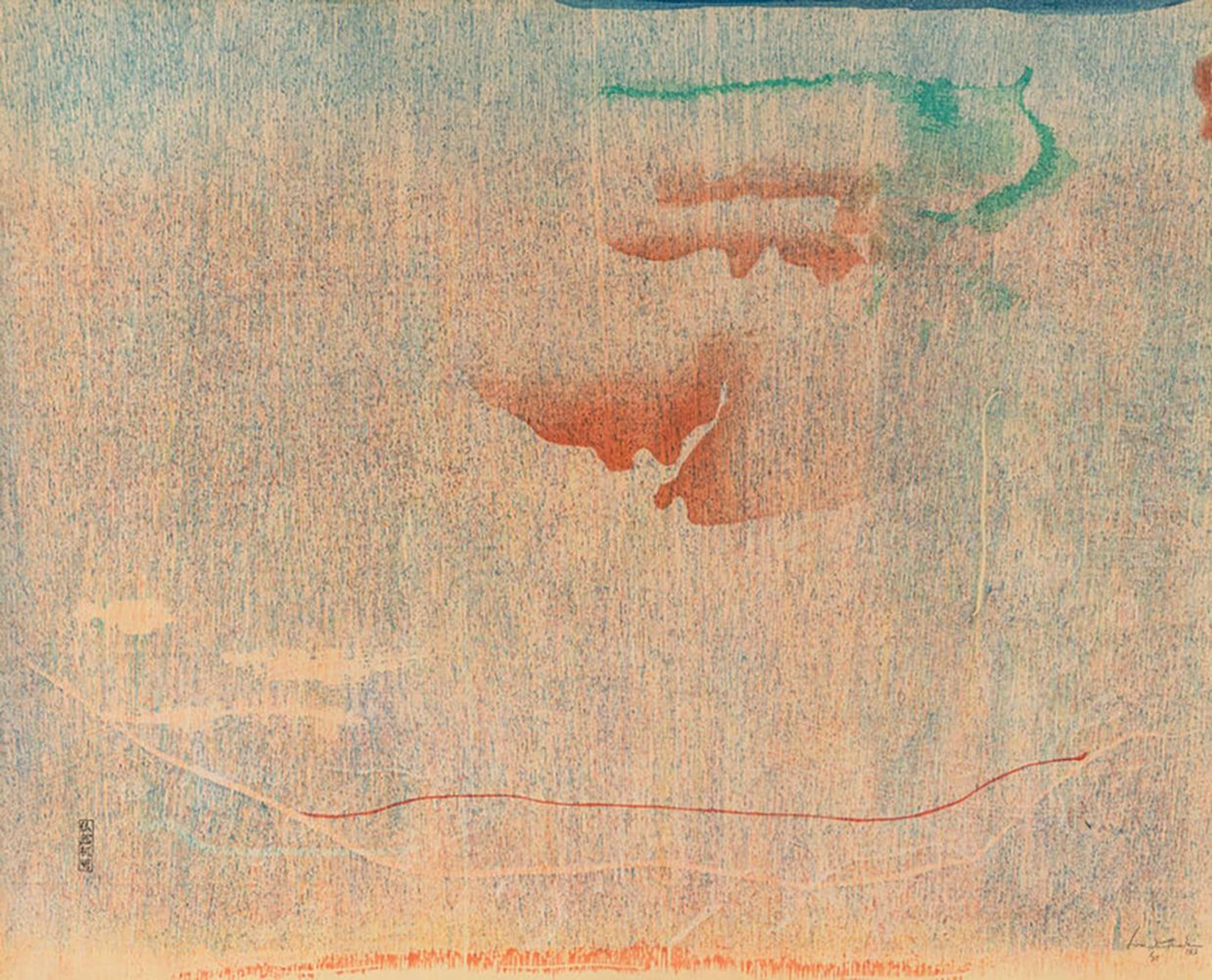 Pale hues of pink and blue expanding across the canvas